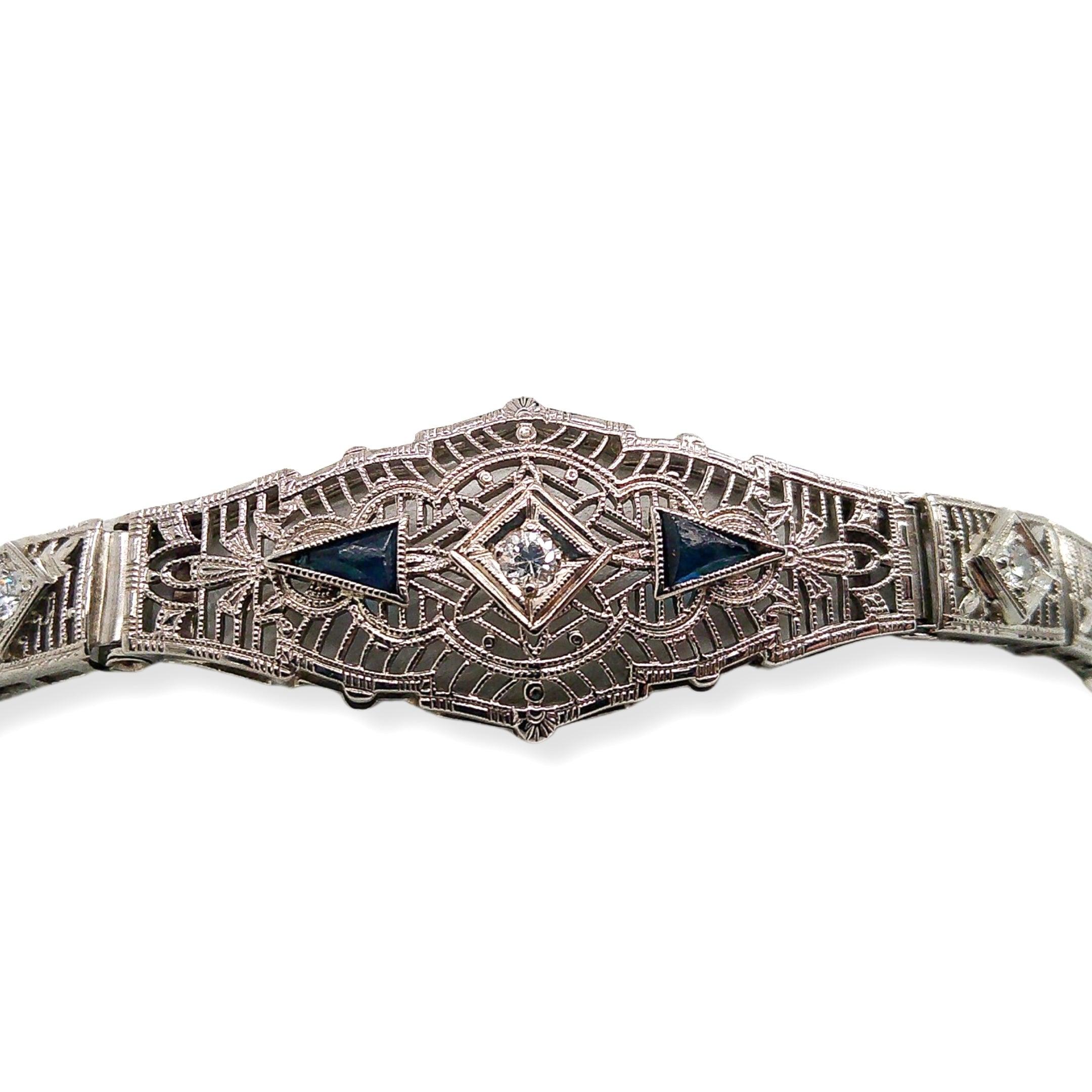 This antique piece was crafted sometime during the Art Deco design period (1920-1940). Antique filigree bracelets were very popular during this period and featured many filigree designs; from very floral to complex geometrical motifs. Each bracelet