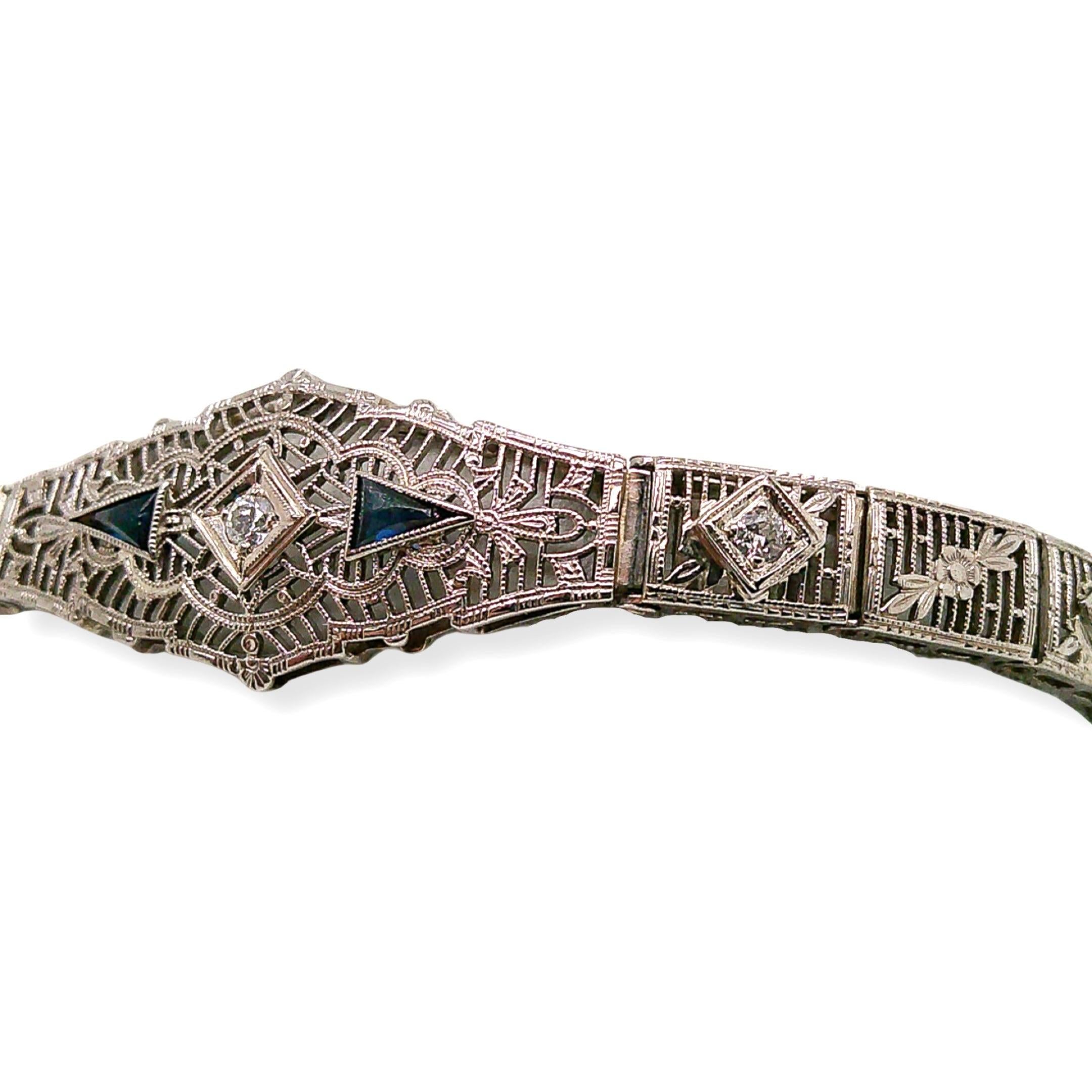 Art Deco Diamond and Sapphire Filigree Bracelet In Good Condition In Montgomery, AL