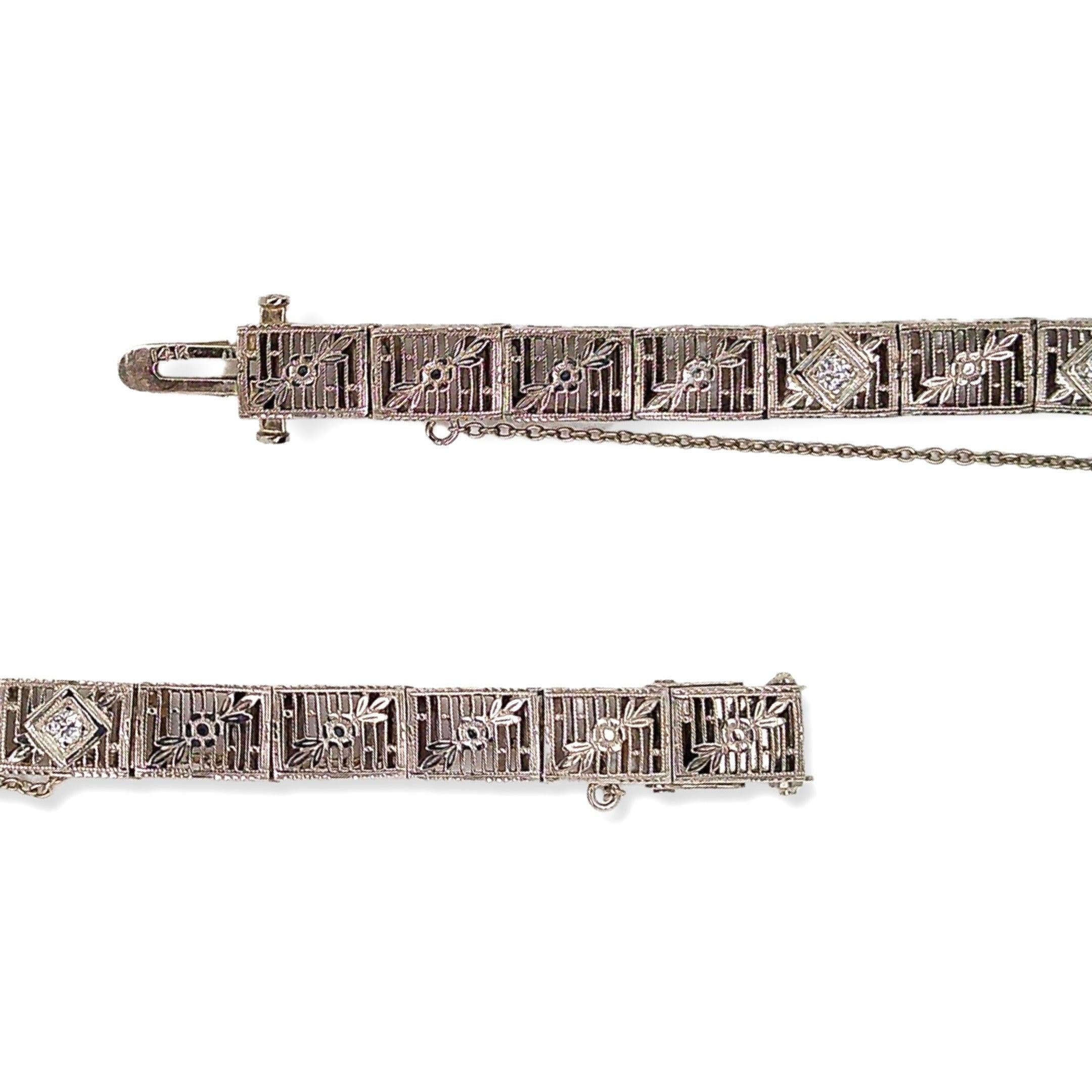 Art Deco Diamond and Sapphire Filigree Bracelet 3