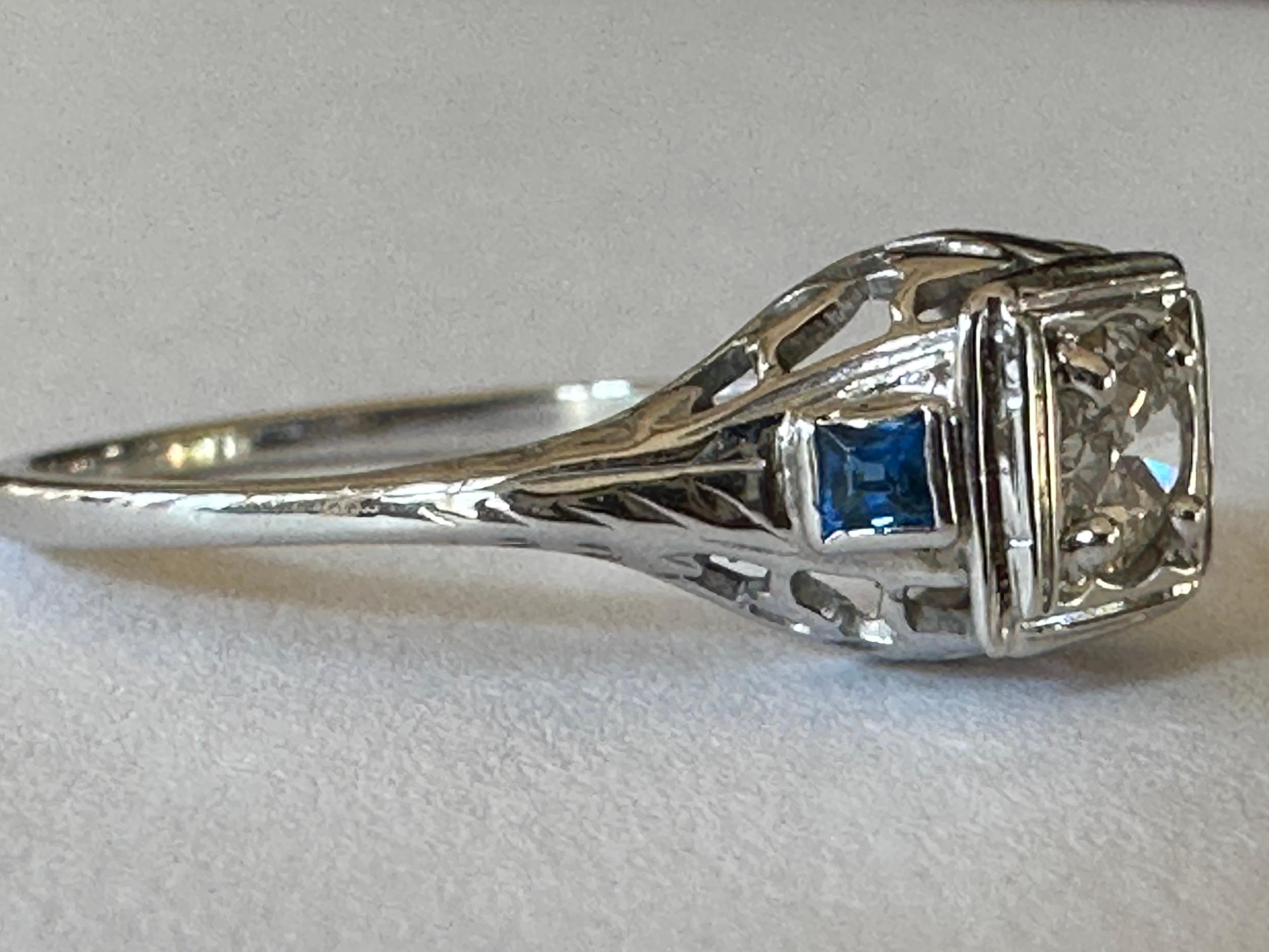 Art Deco Diamond and Sapphire Filigree Engagement Ring  For Sale 1