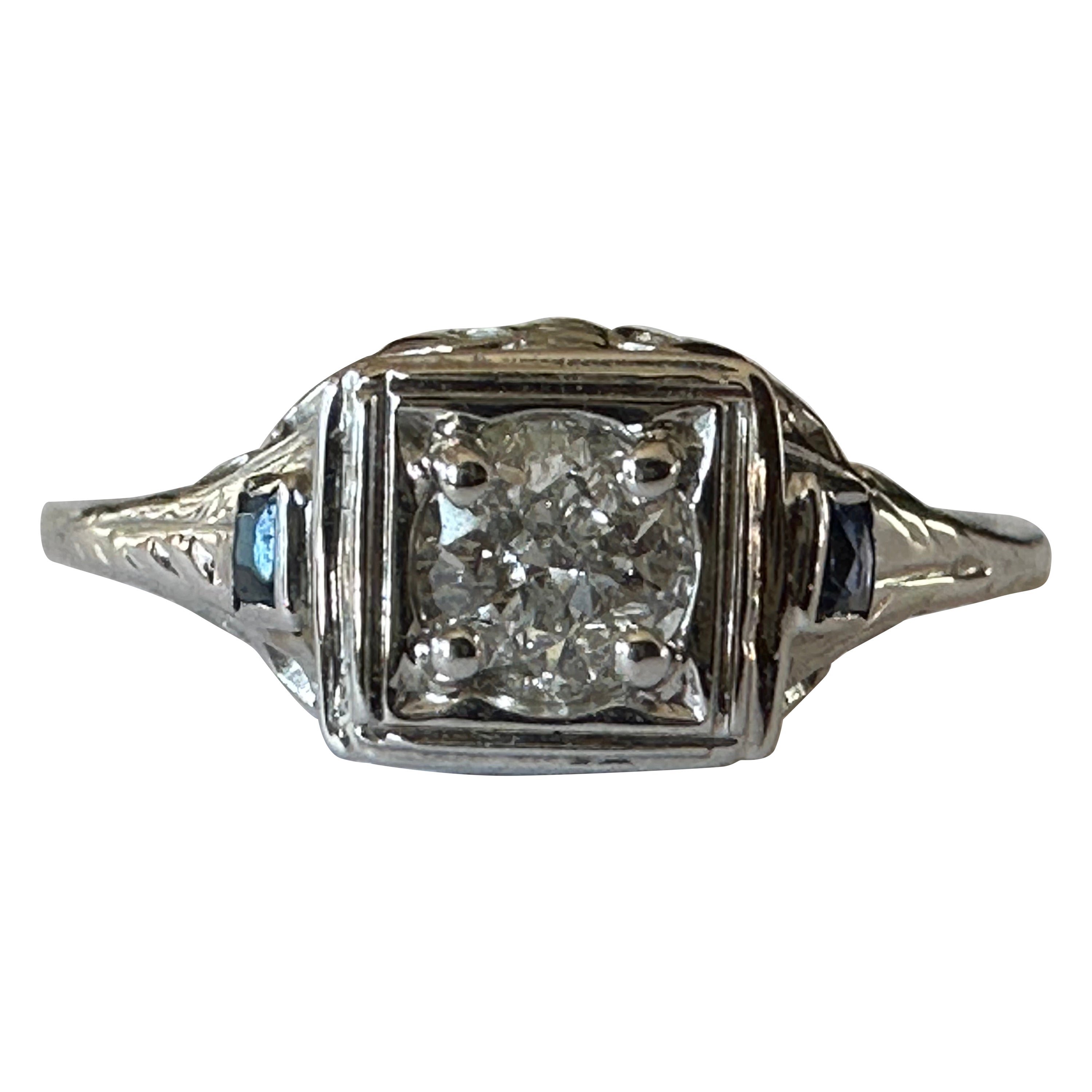 Bague de fiançailles filigrane Art déco en diamant et saphir
