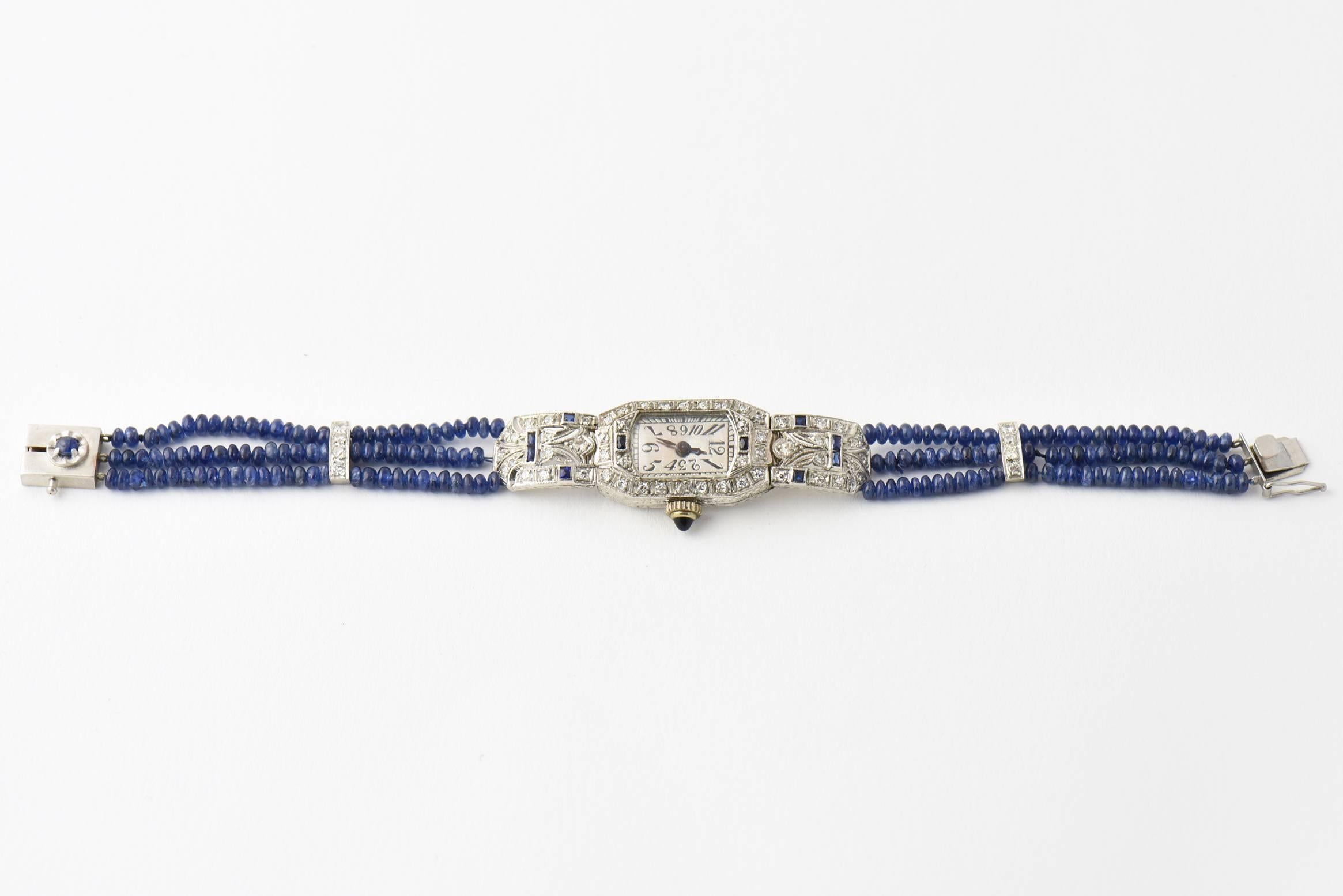 Ladies Platinum Diamond Sapphire Filigree Art Deco Dress Wrist Watch In Excellent Condition In Miami Beach, FL
