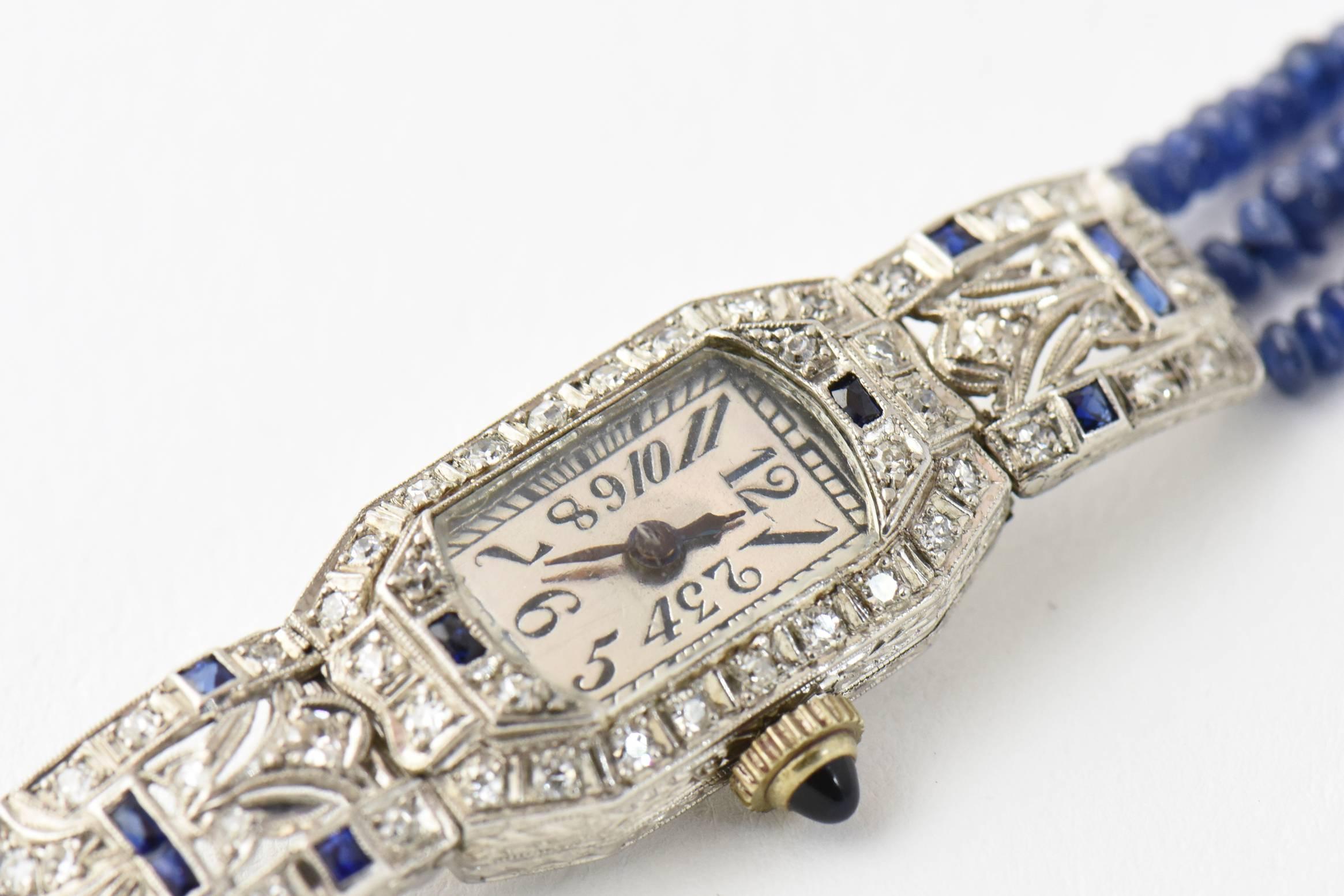 Women's Ladies Platinum Diamond Sapphire Filigree Art Deco Dress Wrist Watch