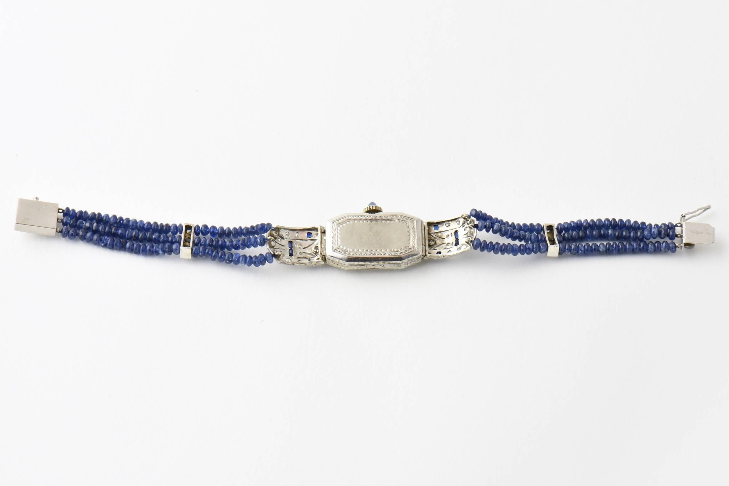 Ladies Platinum Diamond Sapphire Filigree Art Deco Dress Wrist Watch 1