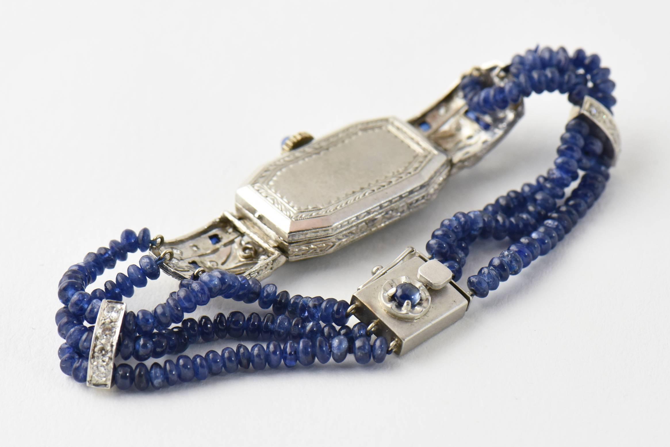 Ladies Platinum Diamond Sapphire Filigree Art Deco Dress Wrist Watch 4