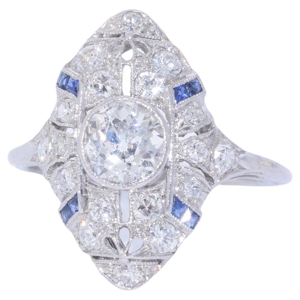 Art Deco Diamond and Sapphire Filigree Ring, circa 1920s