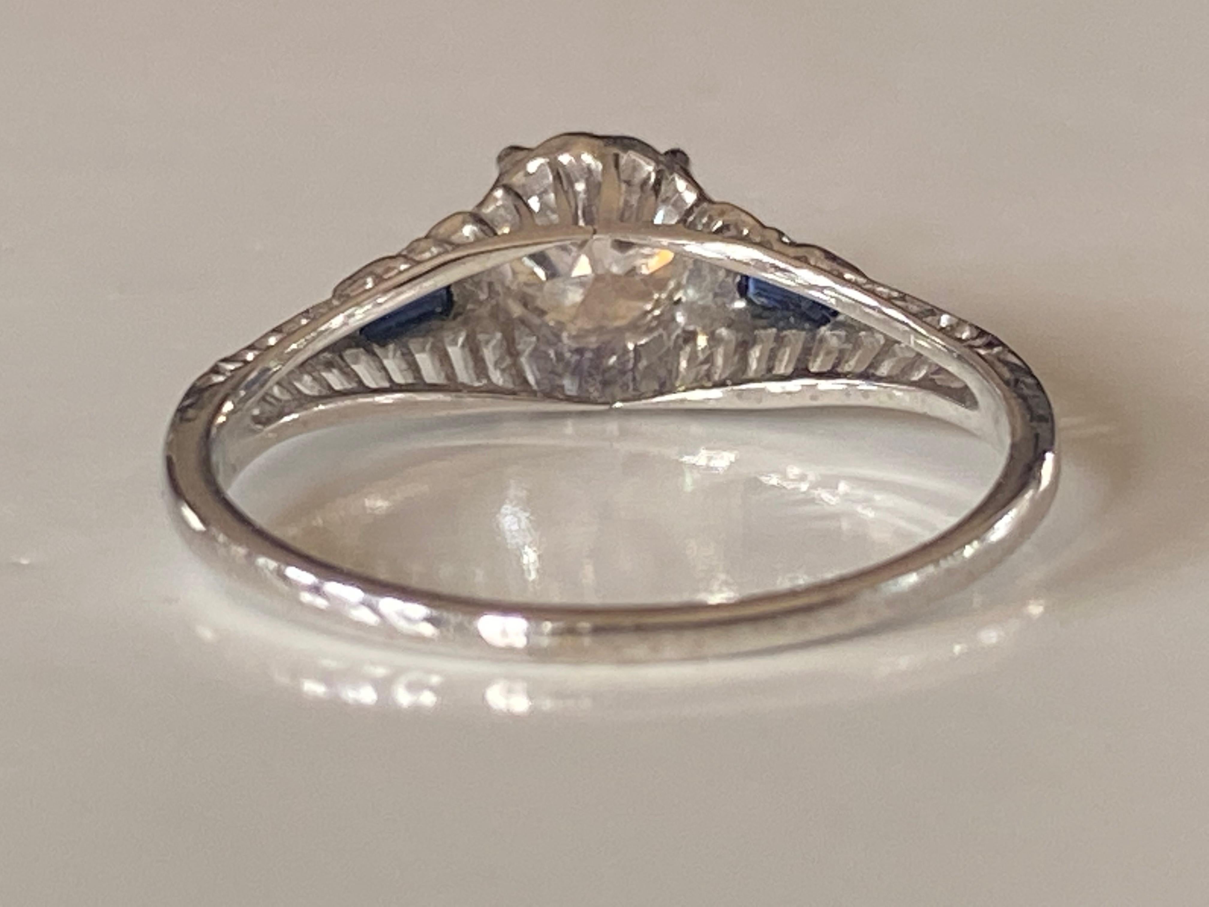 Old European Cut Art Deco Diamond and Sapphire Filigree Ring For Sale