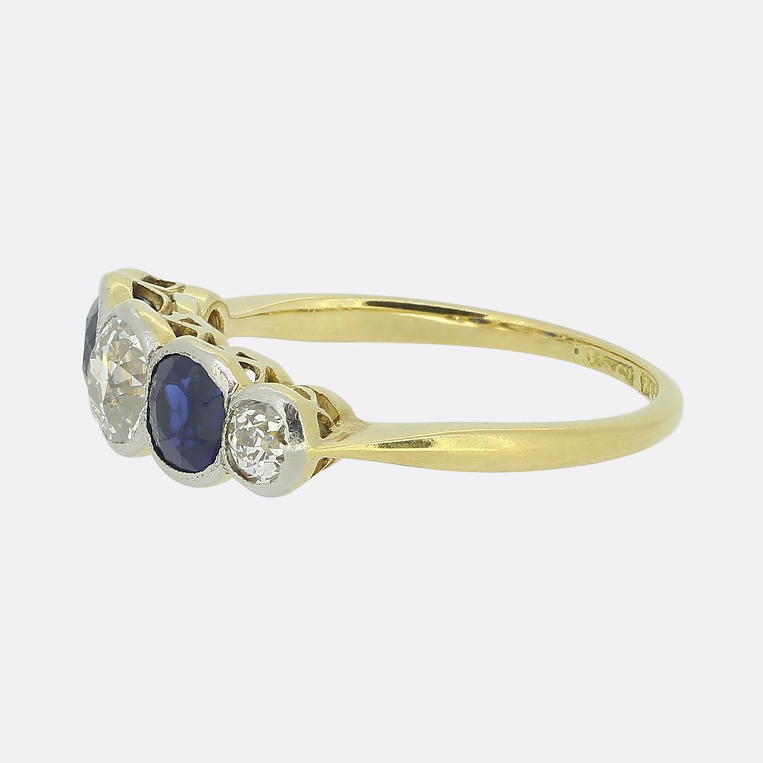 Here we have a lovely sapphire and diamond five stone ring that dates back to the Art Deco era. The stones graduate in size with the largest in the centre being a  0.45 carat old European cut diamond. The diamonds are a bright white colour which is