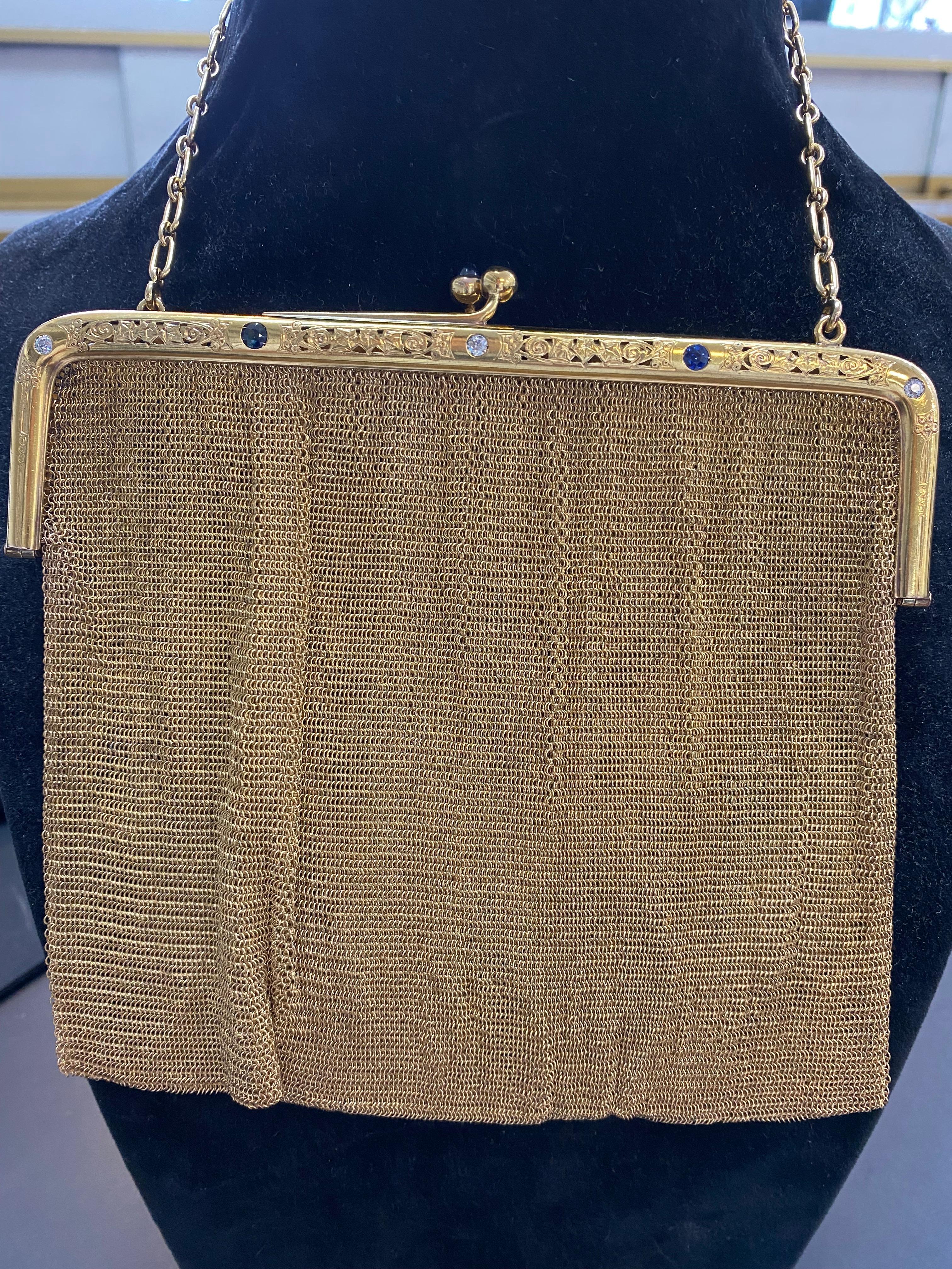 Old European Cut Art Deco Diamond and Sapphire Gold Purse 7.75 Ounces 14 Karat Gold Circa 1800's