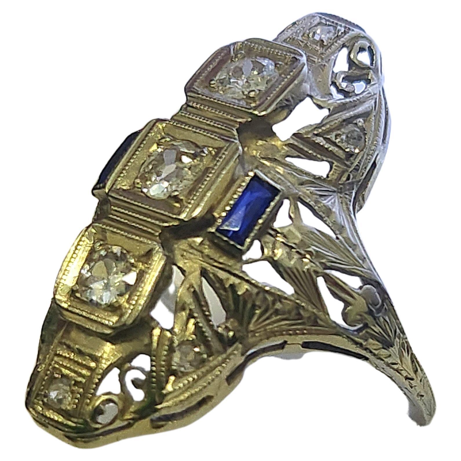 Art Deco Diamond And Sapphire Gold Ring For Sale 1