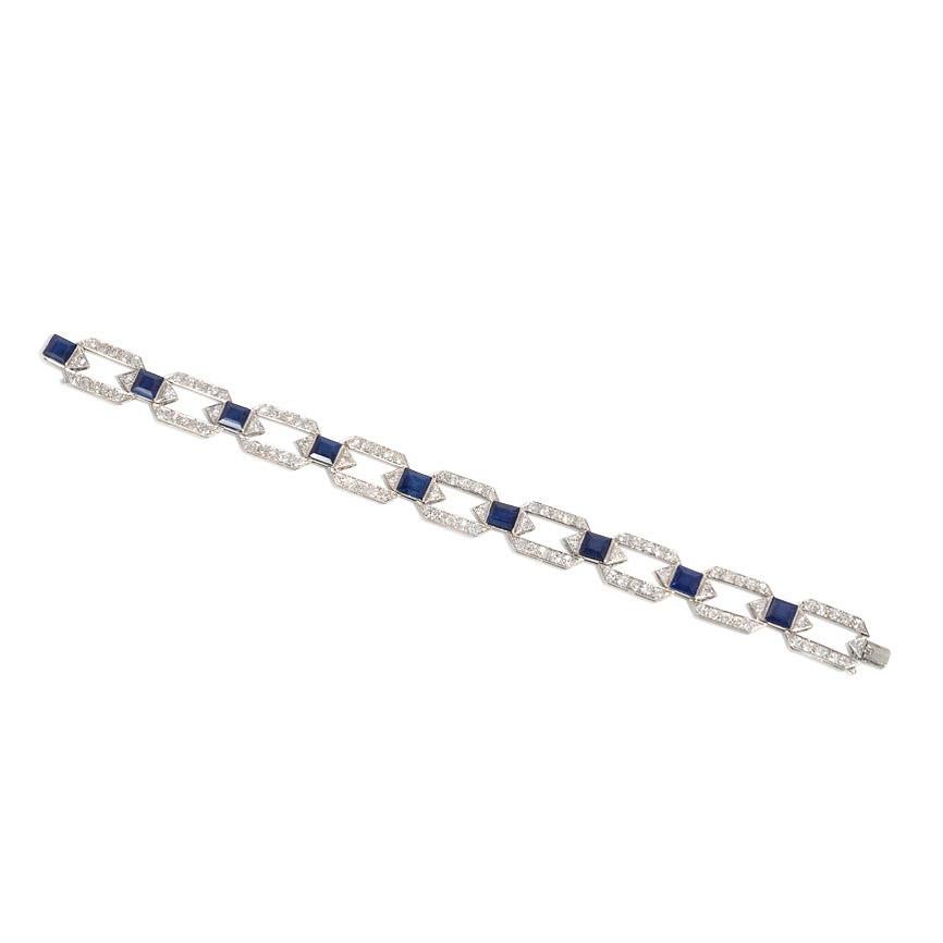 Square Cut Art Deco Diamond and Sapphire Open Hexagonal Link Bracelet