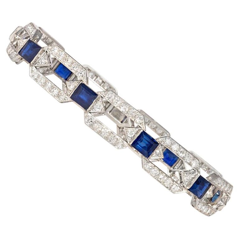 Art Deco Diamond and Sapphire Open Hexagonal Link Bracelet For Sale at ...