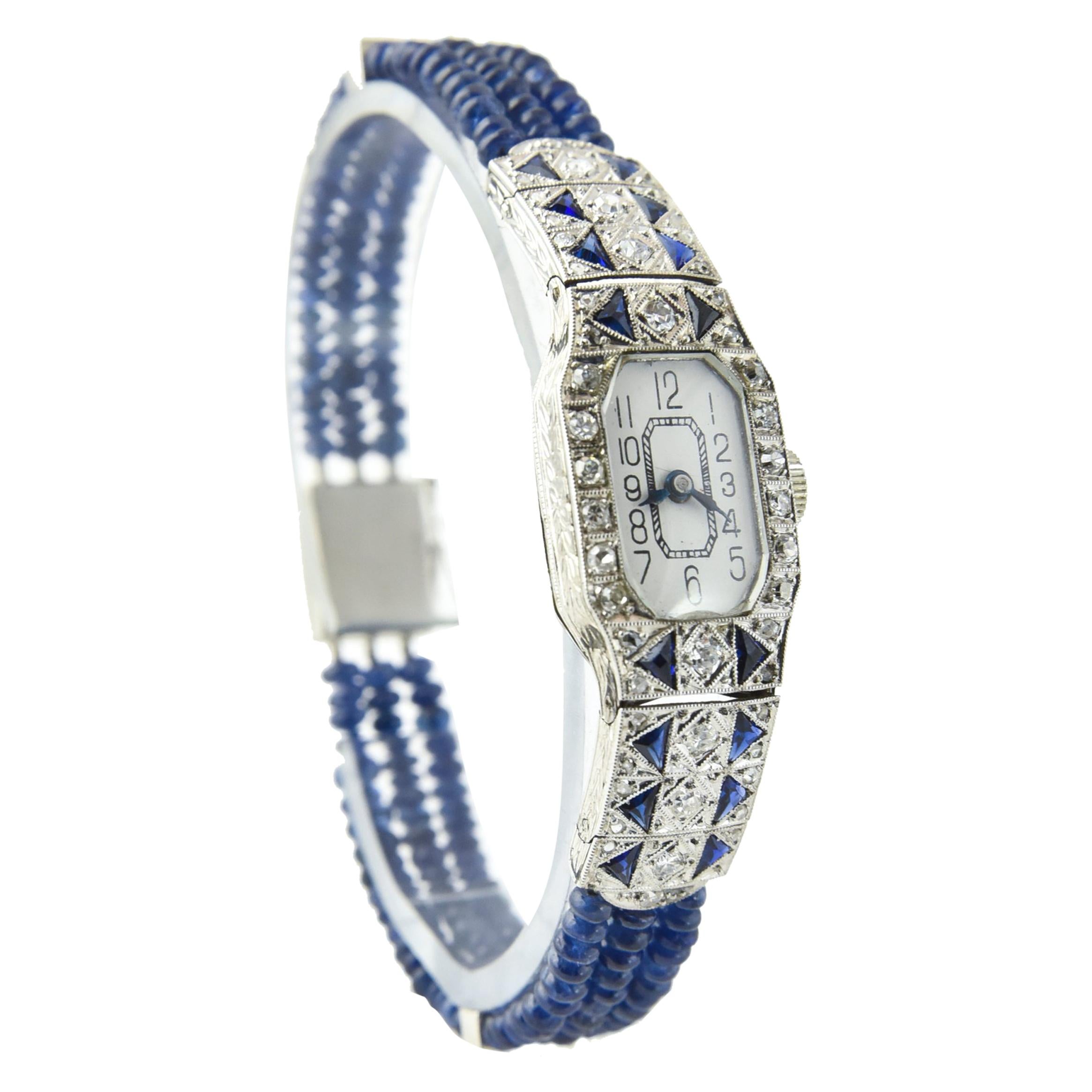Art Deco Diamond and Sapphire Platinum and White Gold Ladies Watch