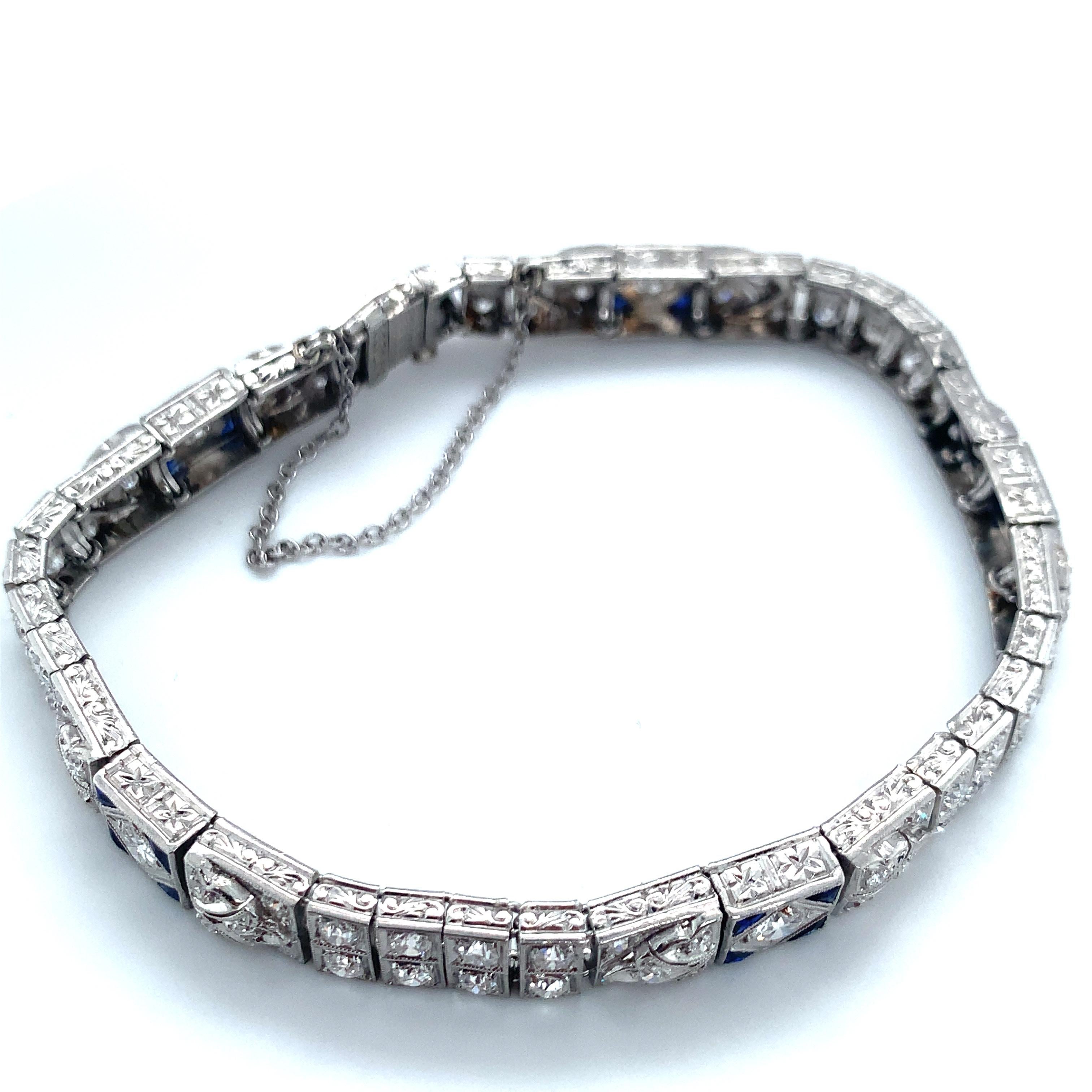 Old European Cut Art Deco Diamond and Sapphire Platinum Bracelet For Sale