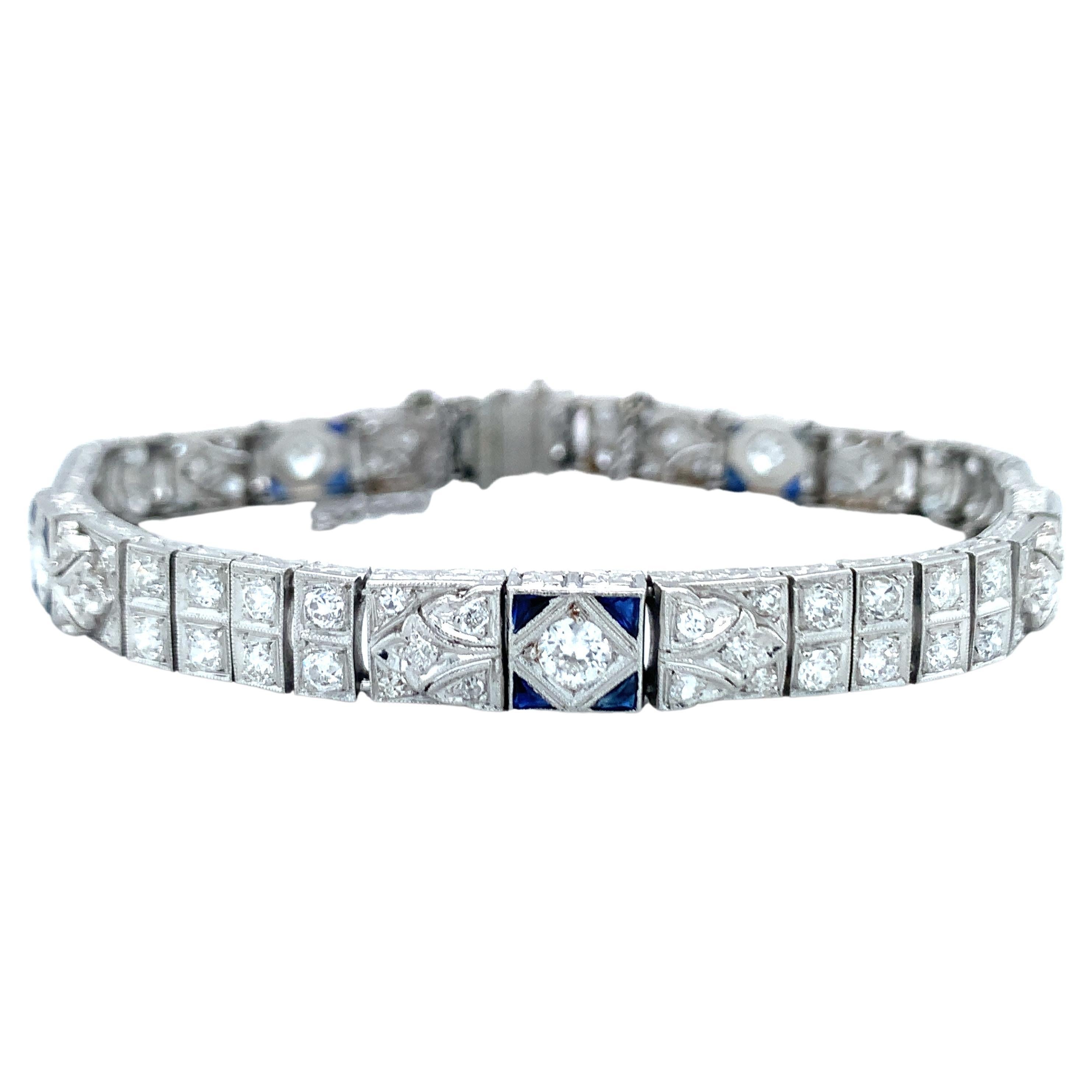Art Deco Diamond and Sapphire Platinum Bracelet For Sale