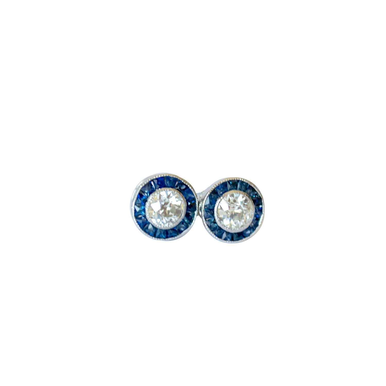 Trapezoid Cut Art Deco Diamond and Sapphire Platinum Earrings For Sale