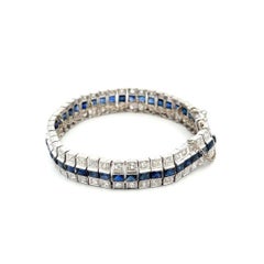 Art Deco Diamond and Sapphire Platinum Engraved Triple Row Vintage Bracelet