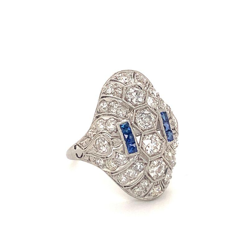 Old European Cut Art Deco Diamond and Sapphire Platinum Filigree Ring, circa 1920s For Sale