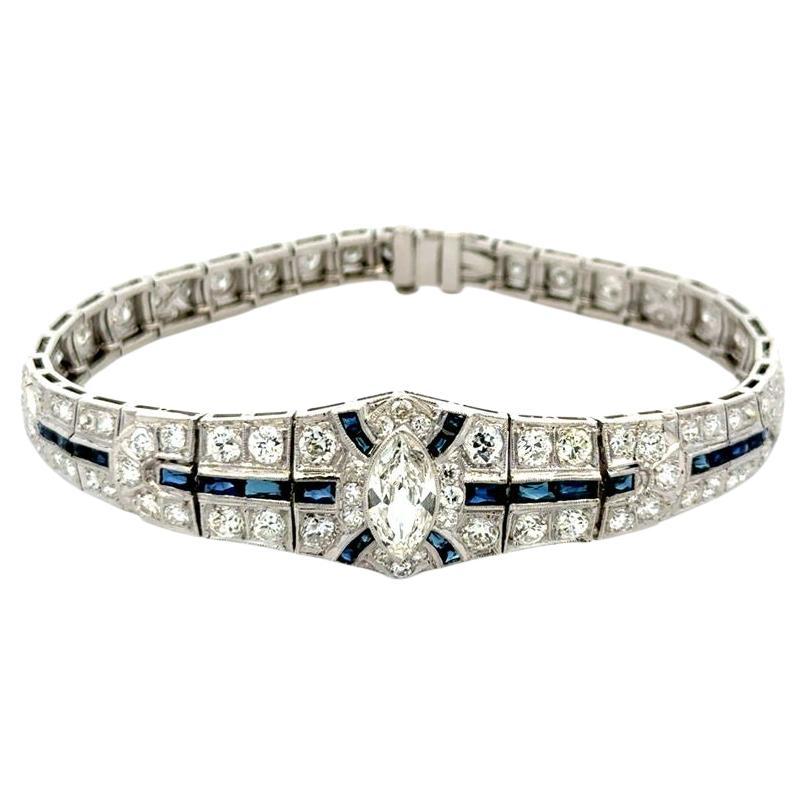 Art Deco Diamond and Sapphire Platinum Statement Vintage Bracelet