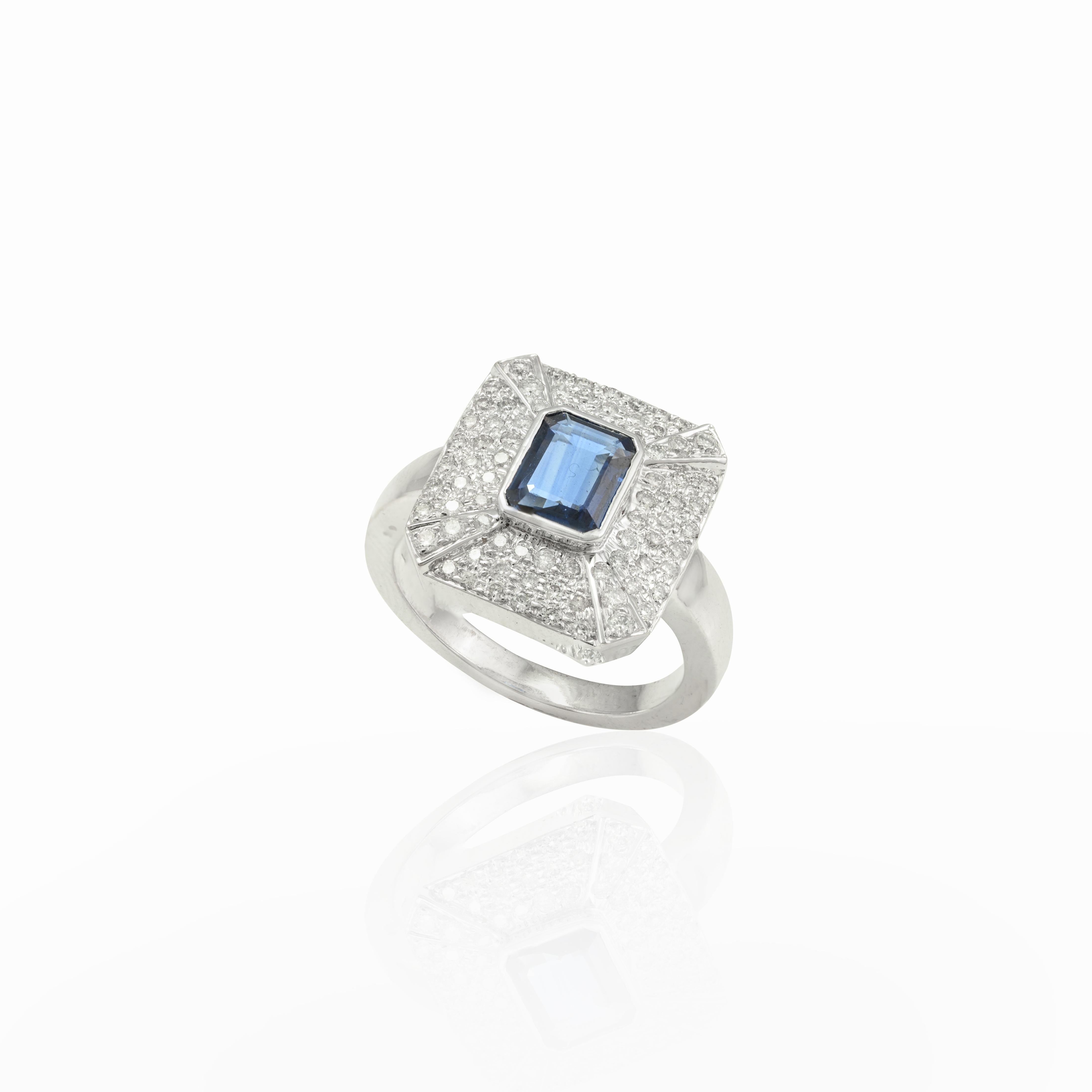 For Sale:  Exquisite Diamond and Emerald Cut Blue Sapphire Ring in 18k Solid White Gold 5