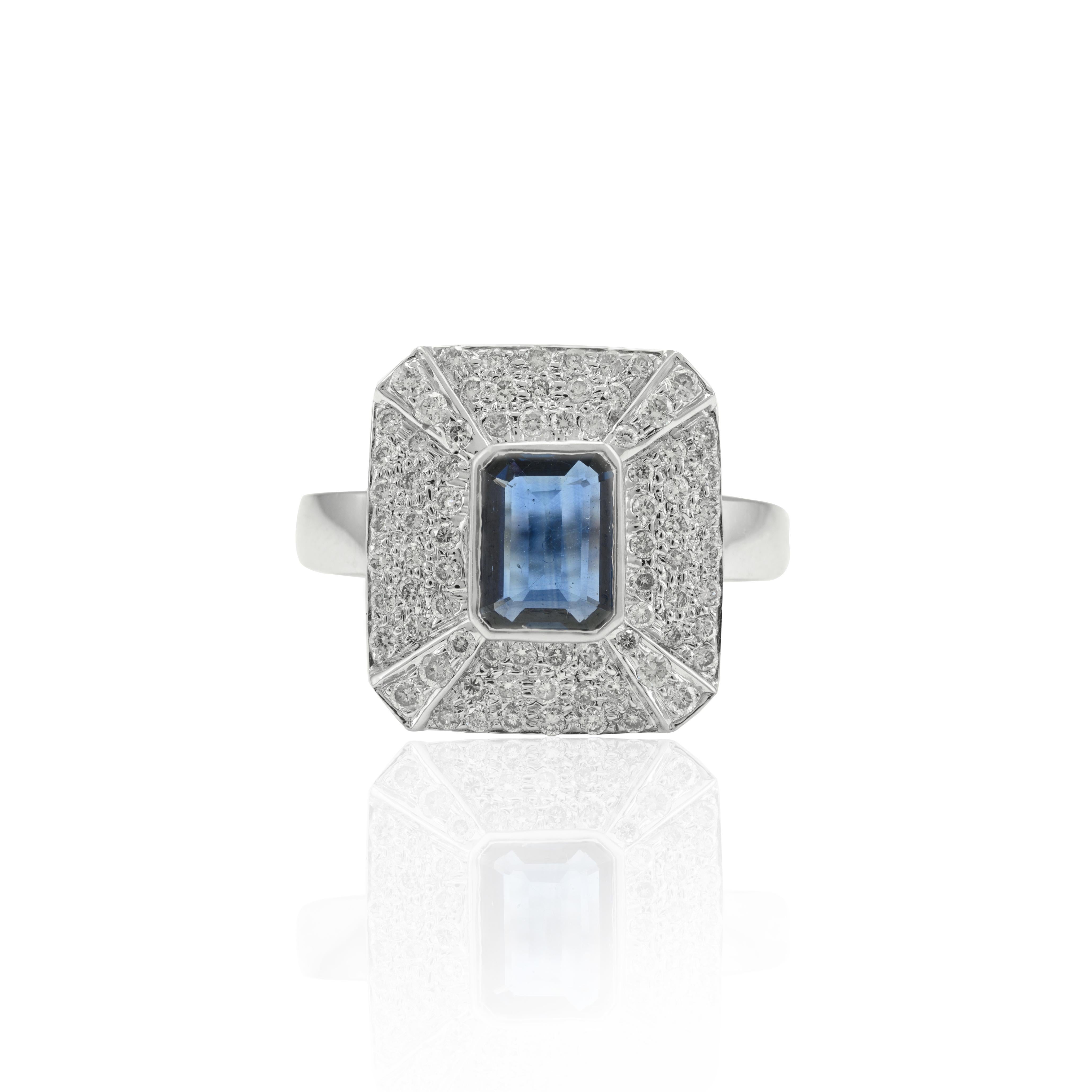 For Sale:  Exquisite Diamond and Emerald Cut Blue Sapphire Ring in 18k Solid White Gold 7