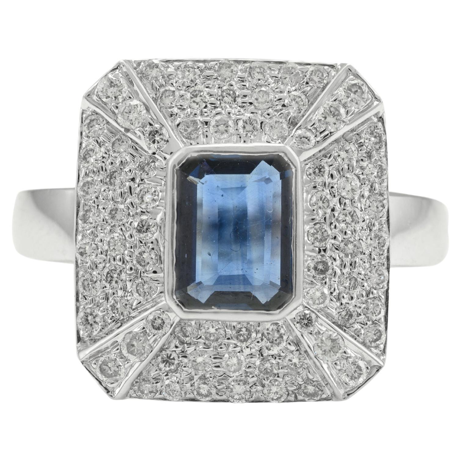For Sale:  Exquisite Diamond and Emerald Cut Blue Sapphire Ring in 18k Solid White Gold