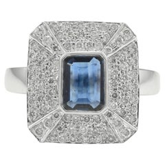 Exquisite Diamond and Emerald Cut Blue Sapphire Ring in 18k Solid White Gold
