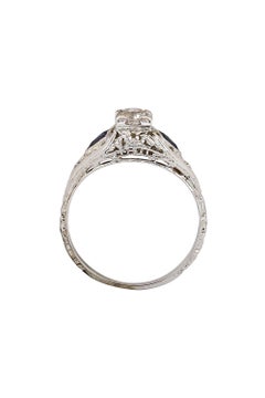 Art Deco Diamond and Sapphire Ring 18K White Gold