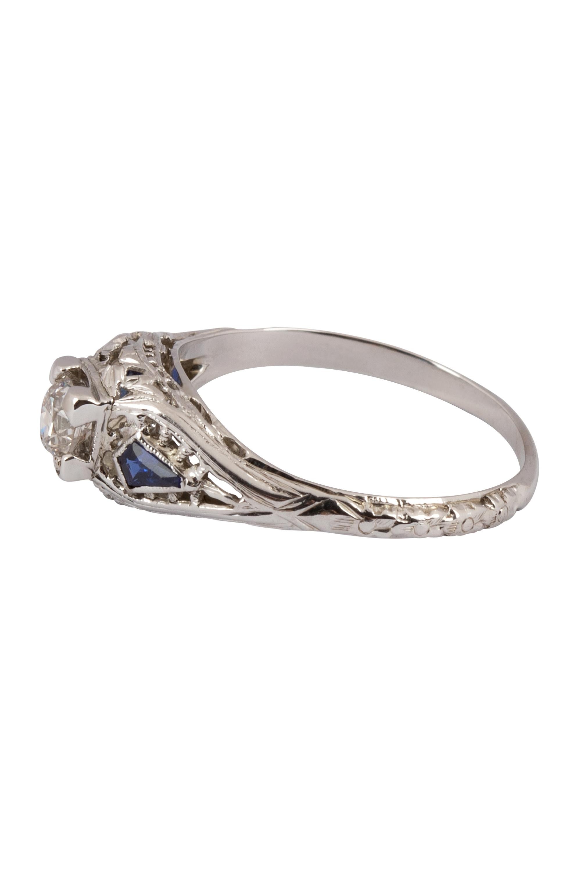 Old European Cut Art Deco Diamond and Sapphire Ring 18K White Gold For Sale