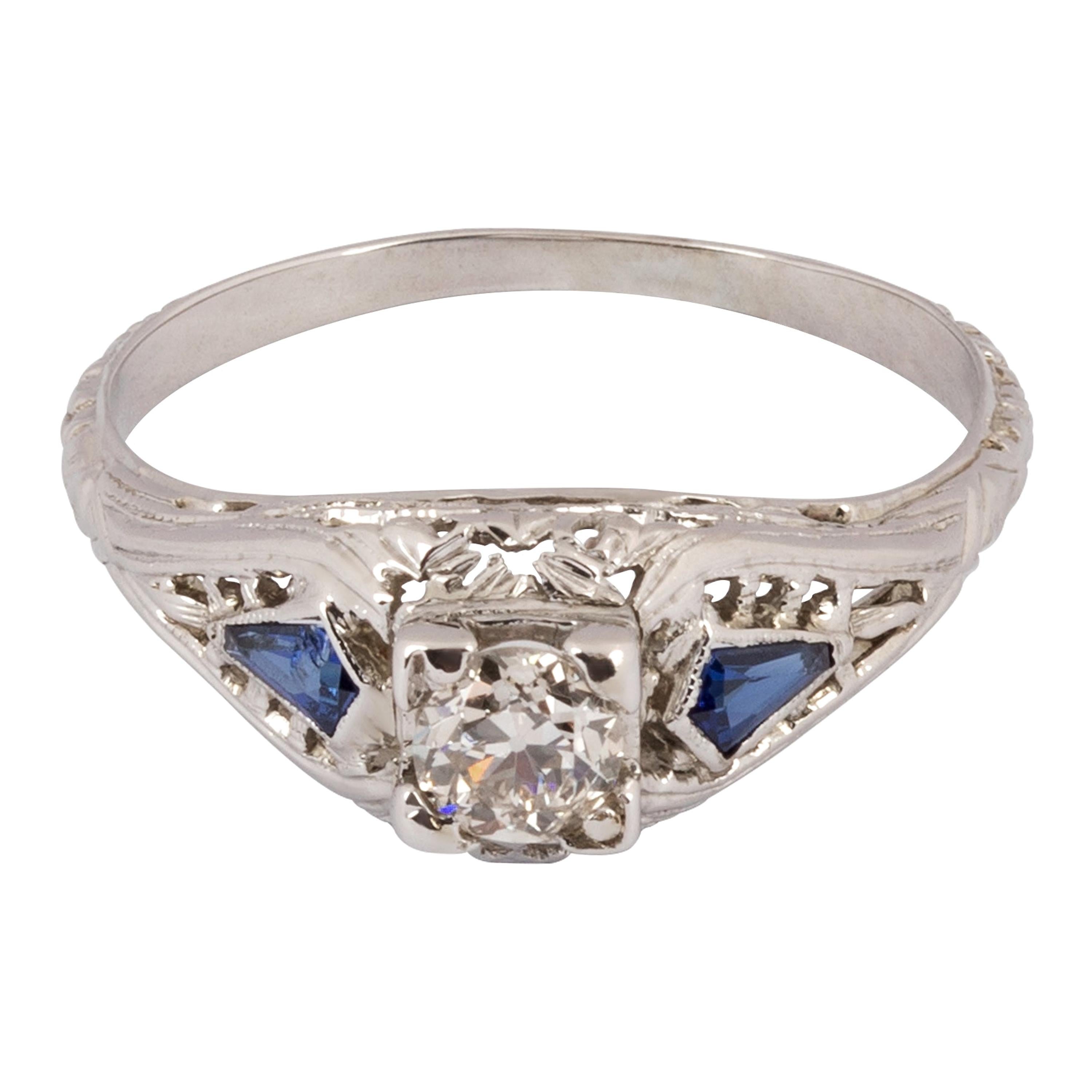 Art Deco Diamond and Sapphire Ring 18K White Gold
