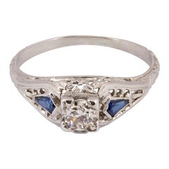 Art Deco Diamond and Sapphire Ring 18K White Gold