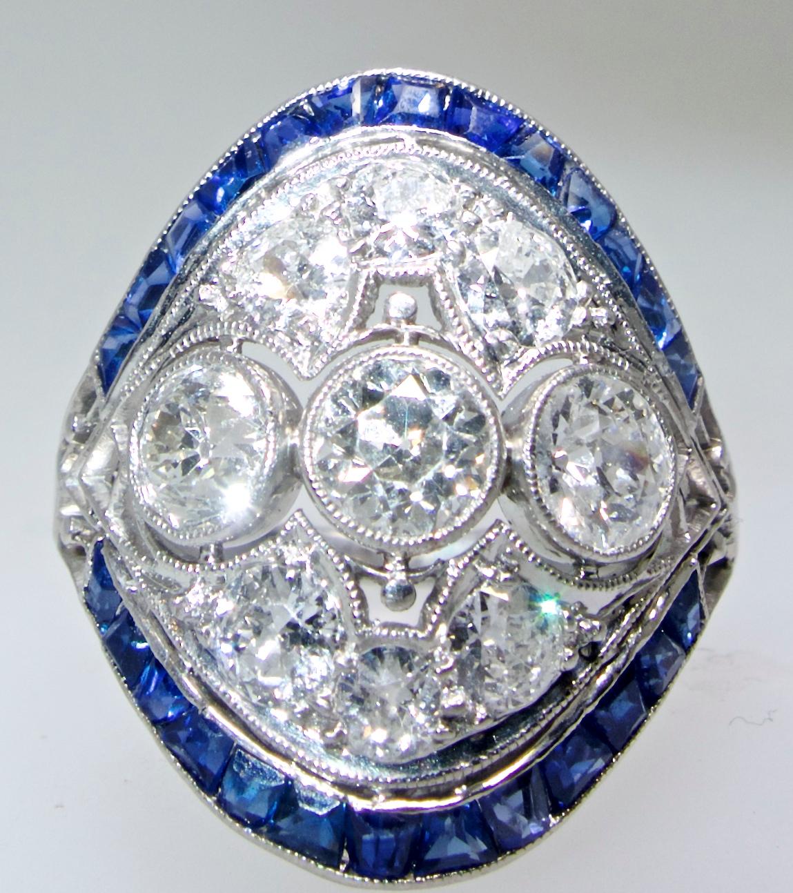Women's or Men's Art Deco Diamond and Sapphire Ring, circa 1920