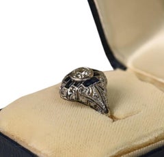 Art Deco Diamond And Sapphire Ring. Old Euro Cut Diamond Ring Platinum Filigree