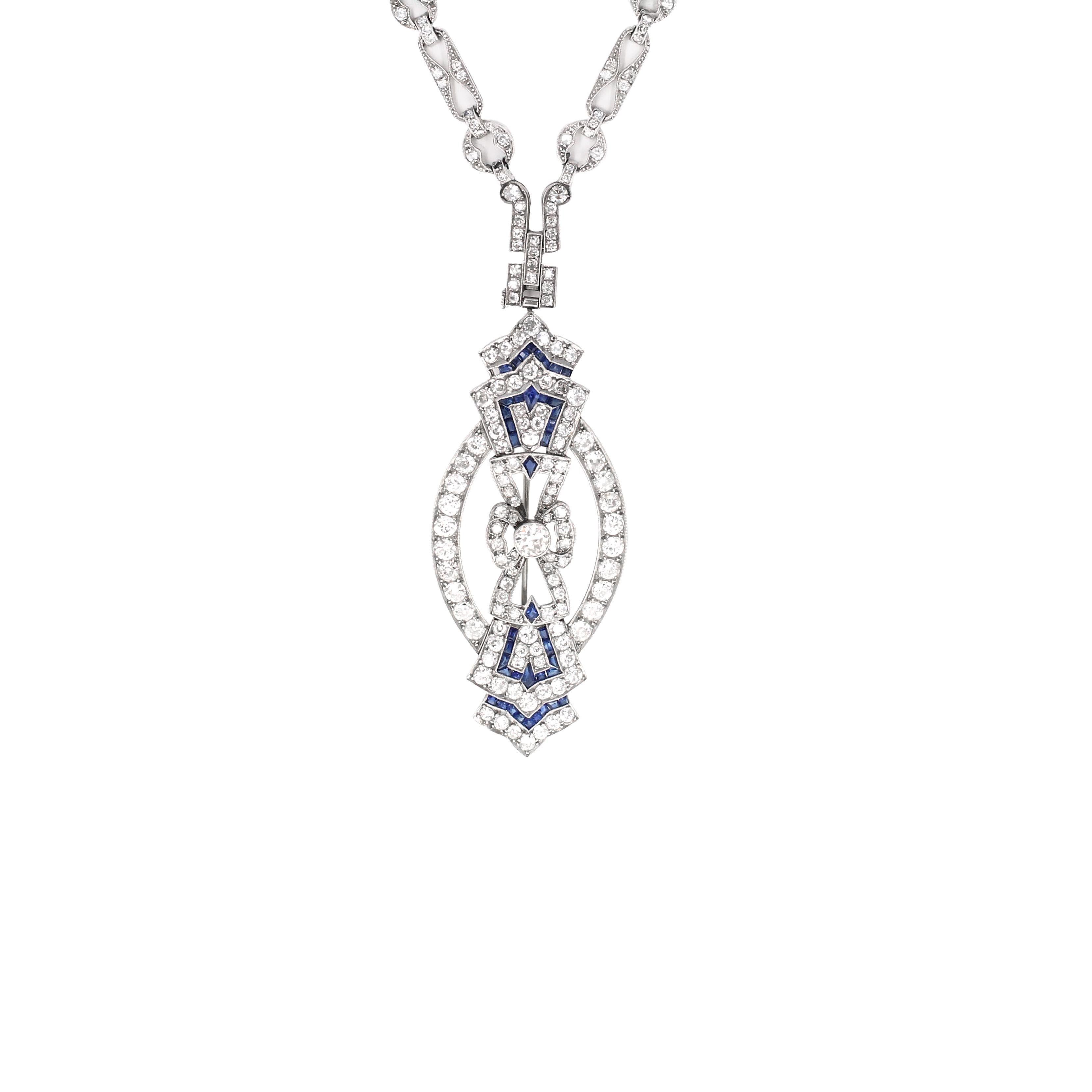 Old European Cut Art Deco, Diamond and Sapphire Sautoir Necklace with Detachable Brooch