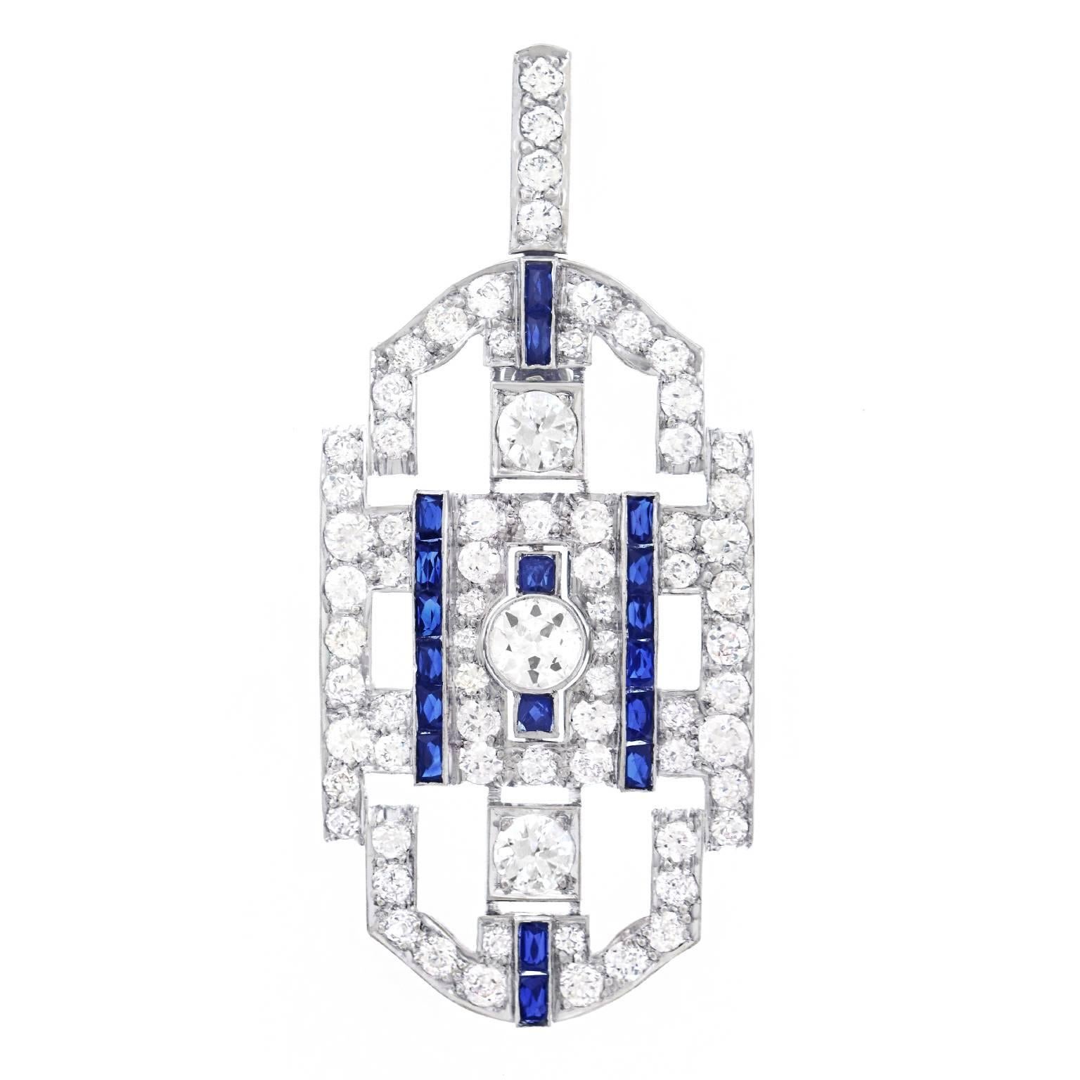 Art Deco Diamond and Sapphire Set Platinum Pendant 6