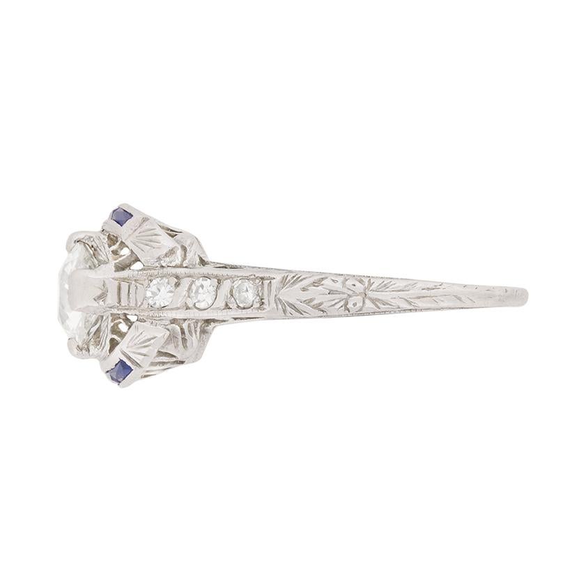 Old Mine Cut Art Deco Diamond and Sapphire Solitaire Ring, circa 1920s For Sale