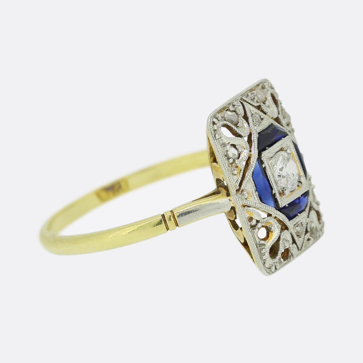 Old European Cut Art Deco Diamond and Sapphire Tablet Ring For Sale