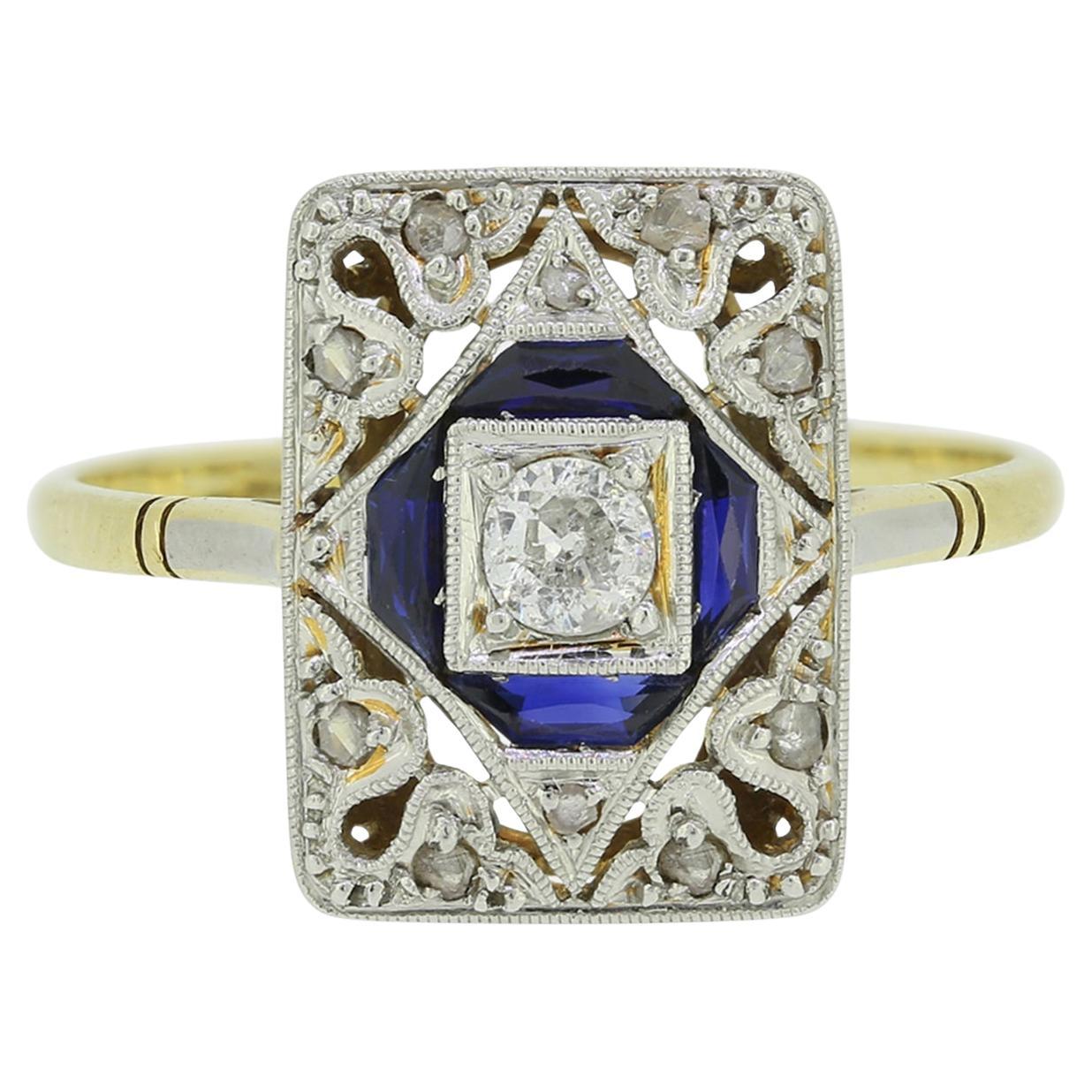 Art Deco Diamond and Sapphire Tablet Ring For Sale