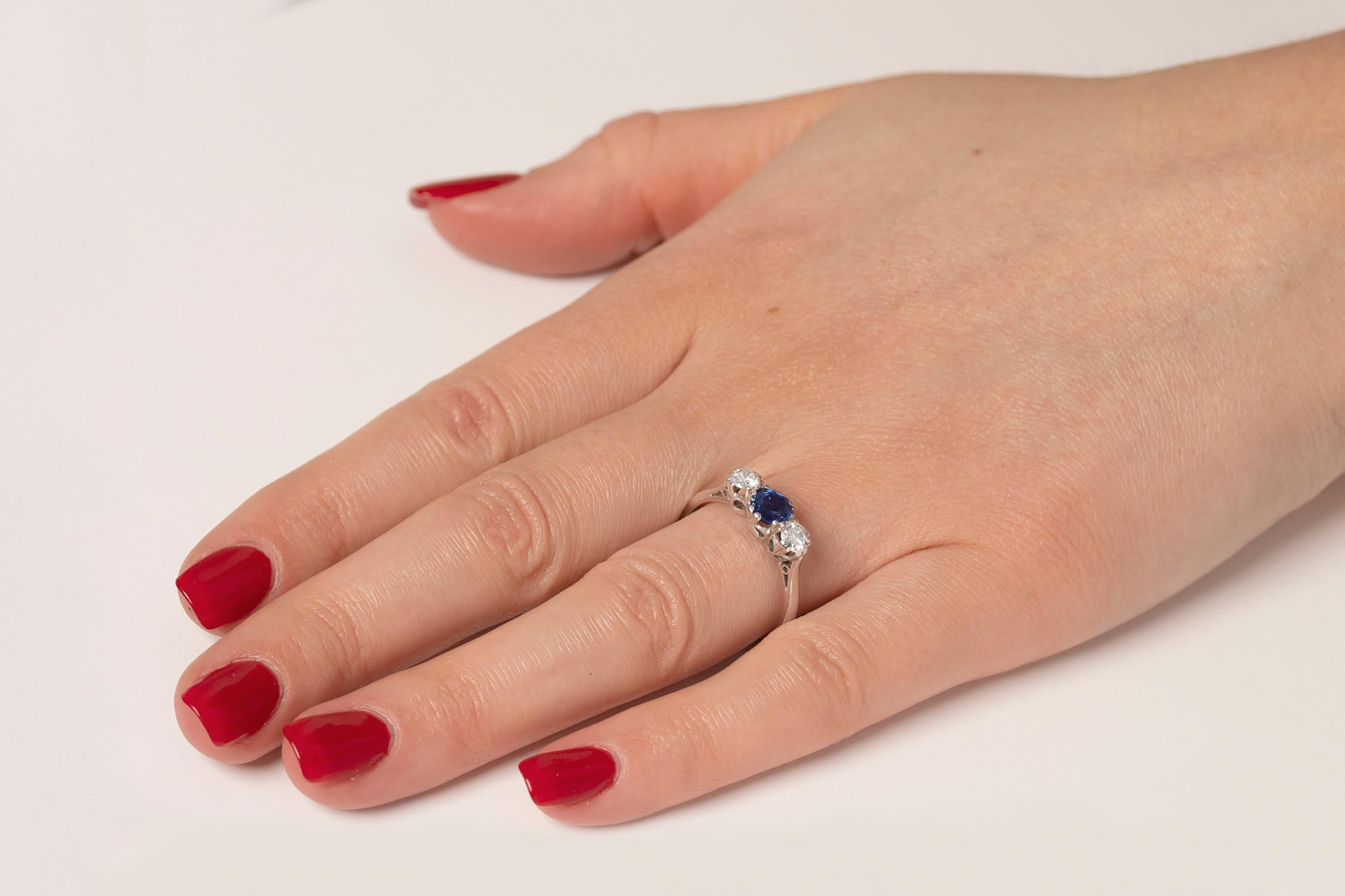 Art Deco Diamond and Sapphire Three-Stone Ring, circa 1930s 2