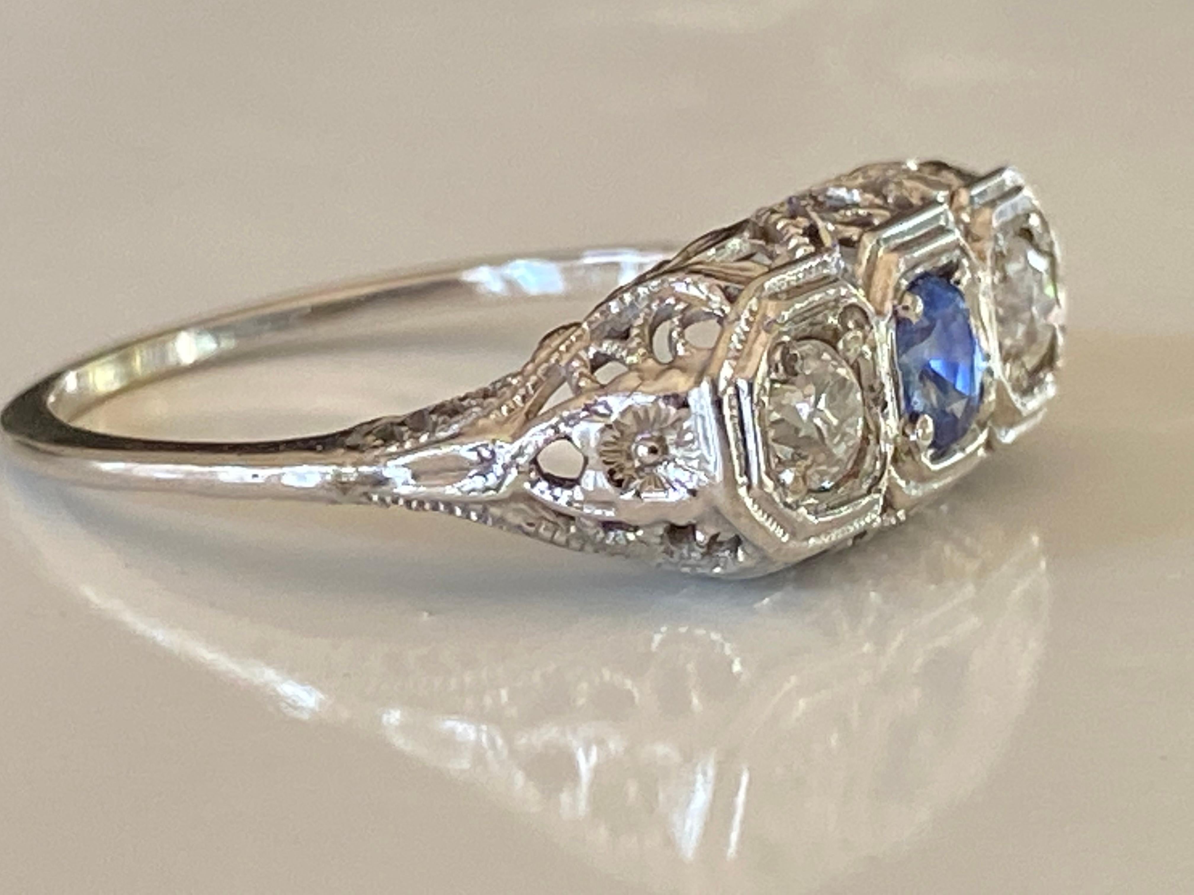 Old European Cut Art Deco Diamond and Sapphire Three-Stone Ring For Sale