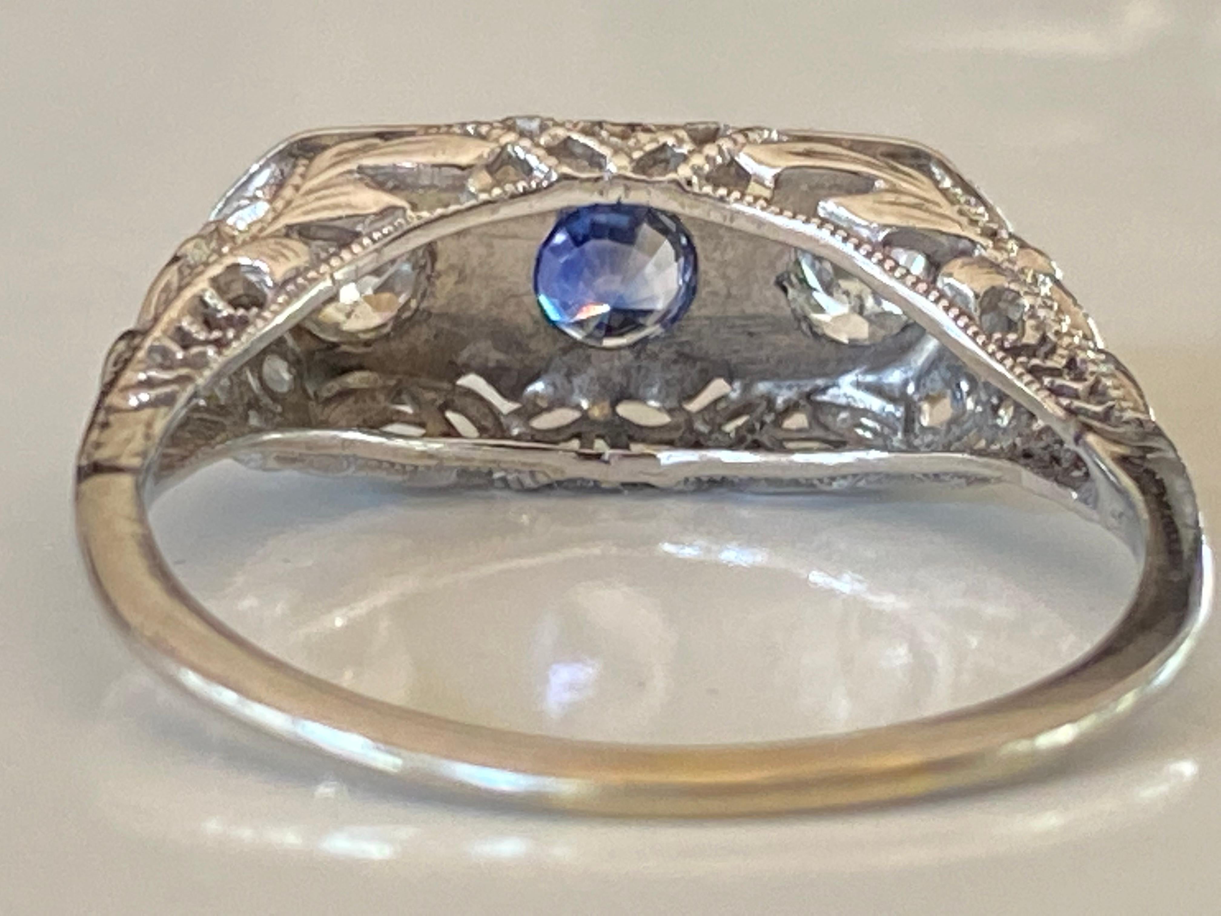 Women's Art Deco Diamond and Sapphire Three-Stone Ring For Sale
