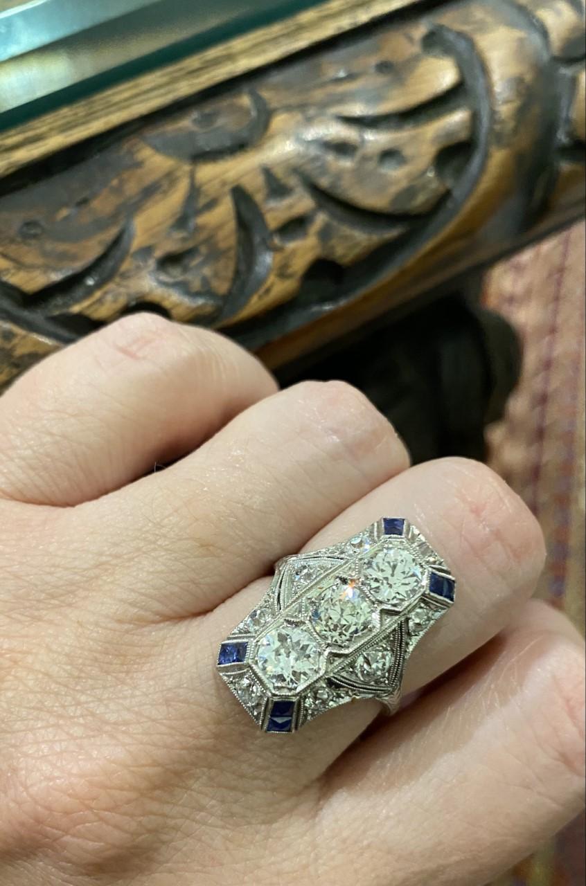 Art Deco Diamond and Sapphire Vertical Ring In Good Condition For Sale In Denver, CO