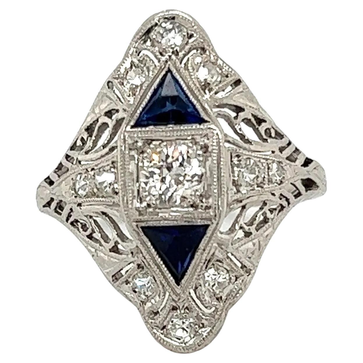 Art Deco Diamond and Sapphire Vintage Platinum Cocktail Ring For Sale