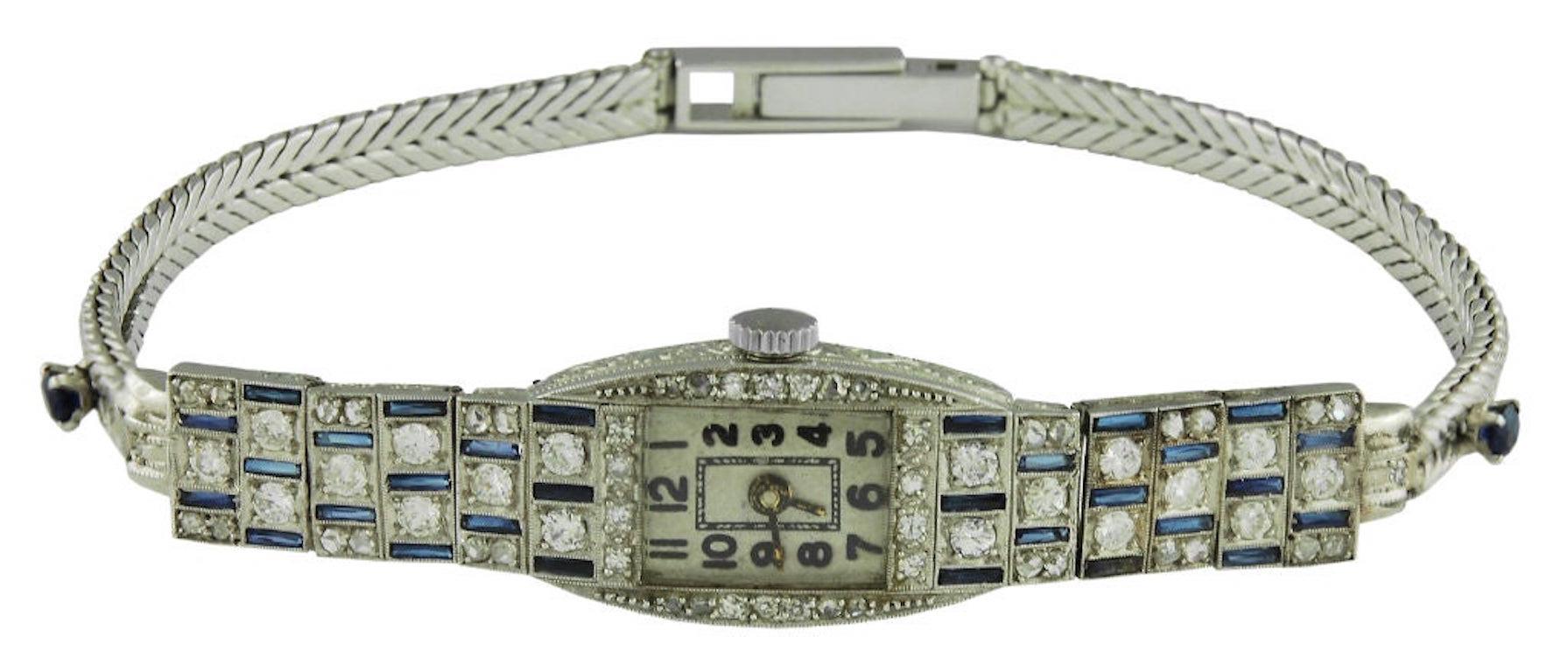 Brilliant Cut Art Deco Diamond and Sapphire Watch