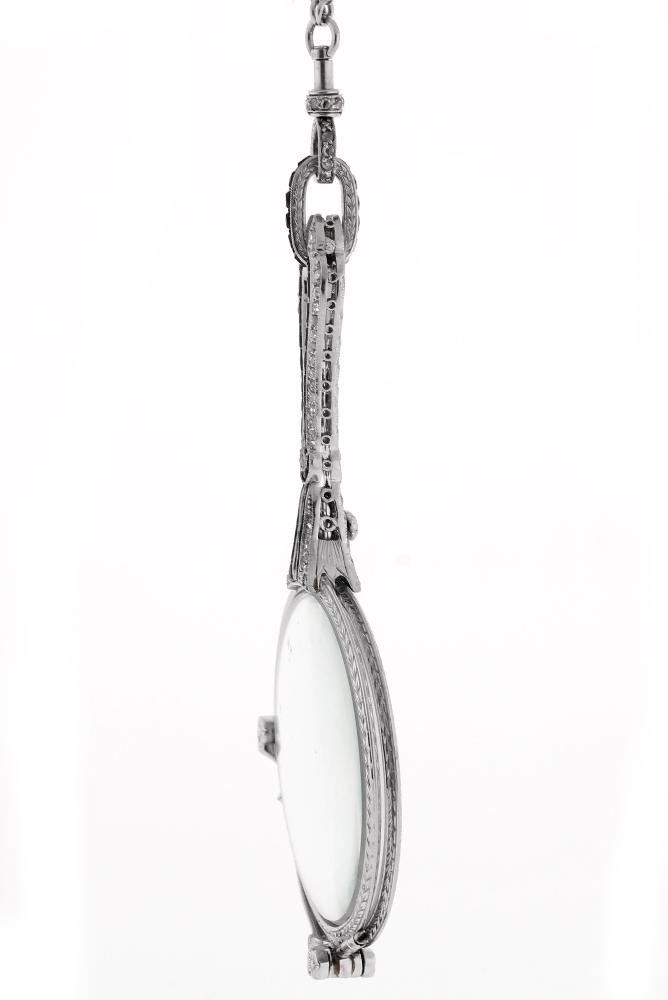 Art Deco Diamond and Spinel Lorgnette with Pearl and Platinum Chain In Good Condition For Sale In Bethesda, MD