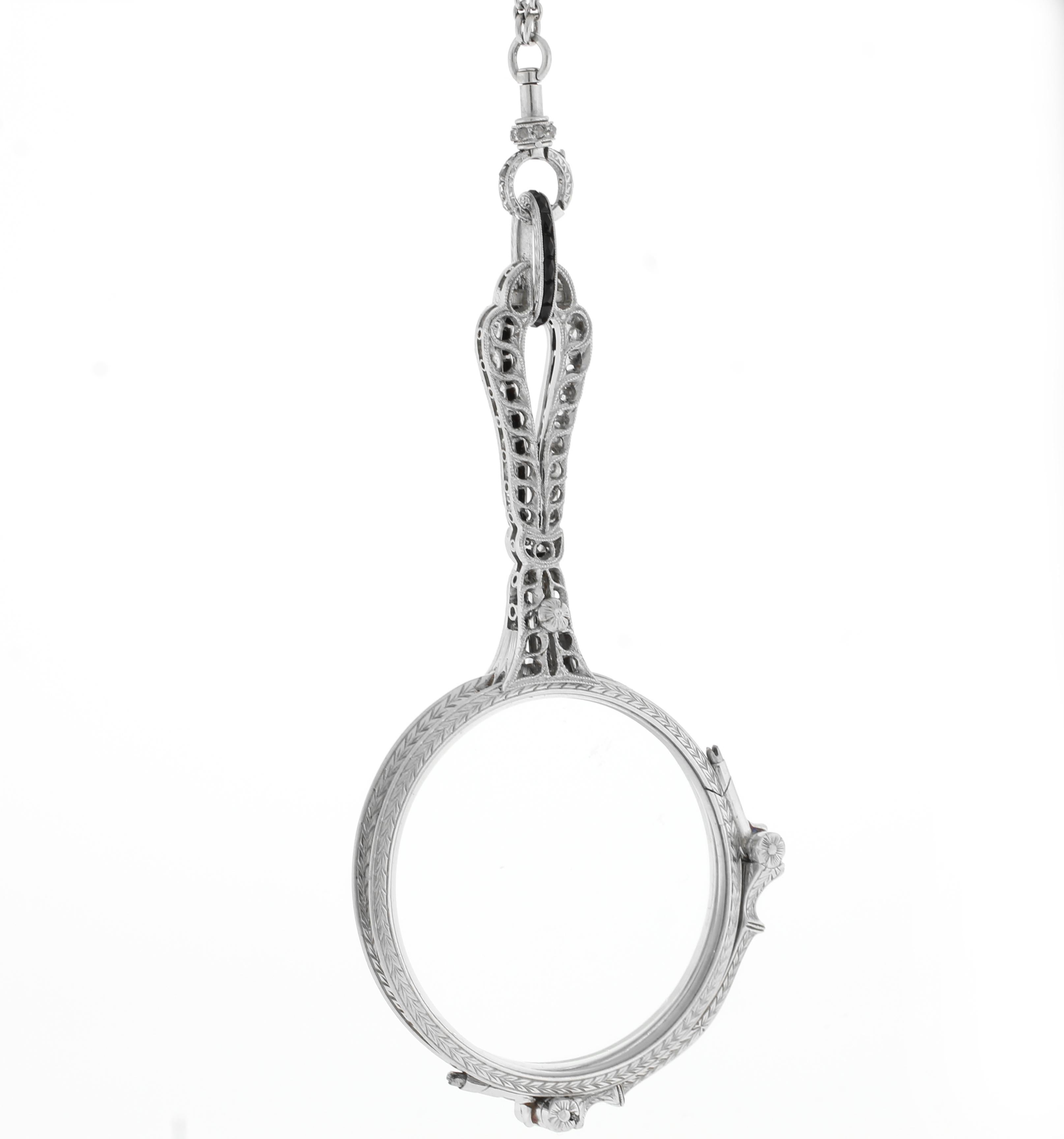 Art Deco Diamond and Spinel Lorgnette with Pearl and Platinum Chain For Sale 1