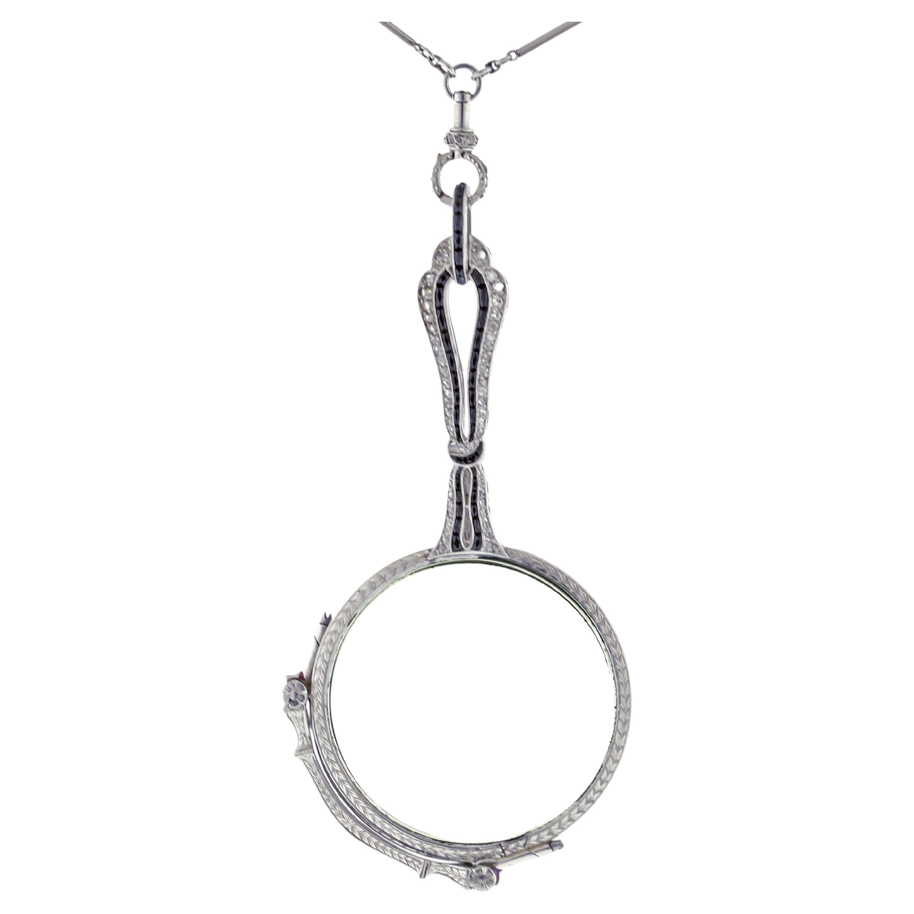 Art Deco Diamond and Spinel Lorgnette with Pearl and Platinum Chain