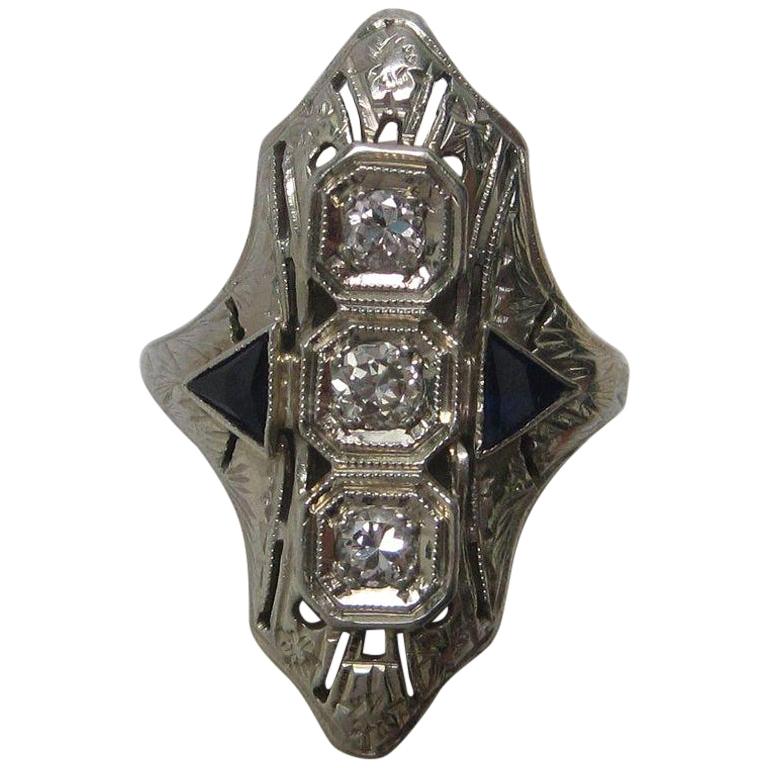 Art Deco Diamond and Synthetic Sapphire 18 Karat White Gold Ring