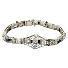 Art Deco Diamond and Synthetic Sapphire Gold Vintage Filigree Bracelet