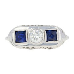 Art Deco Diamond and Synthetic Sapphire Ring, 18 Karat Gold European .31 Carat